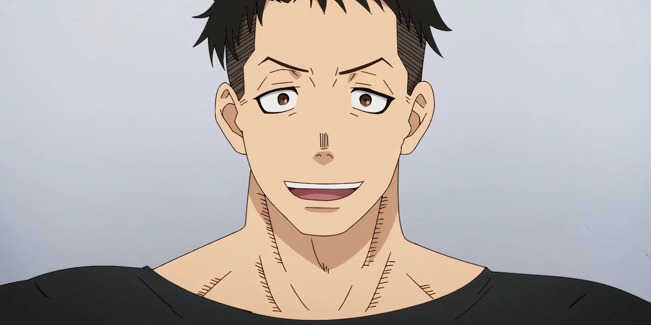 Obi Akitaru flashes a large smile on Fire Force.