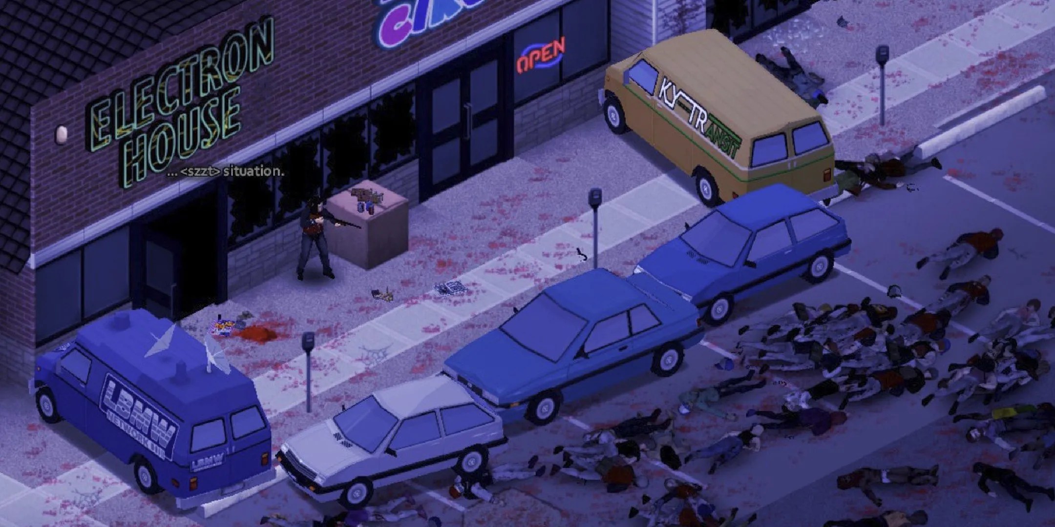 A player character behind a barricade of cars after shooting down several zombies in Project Zomboid.