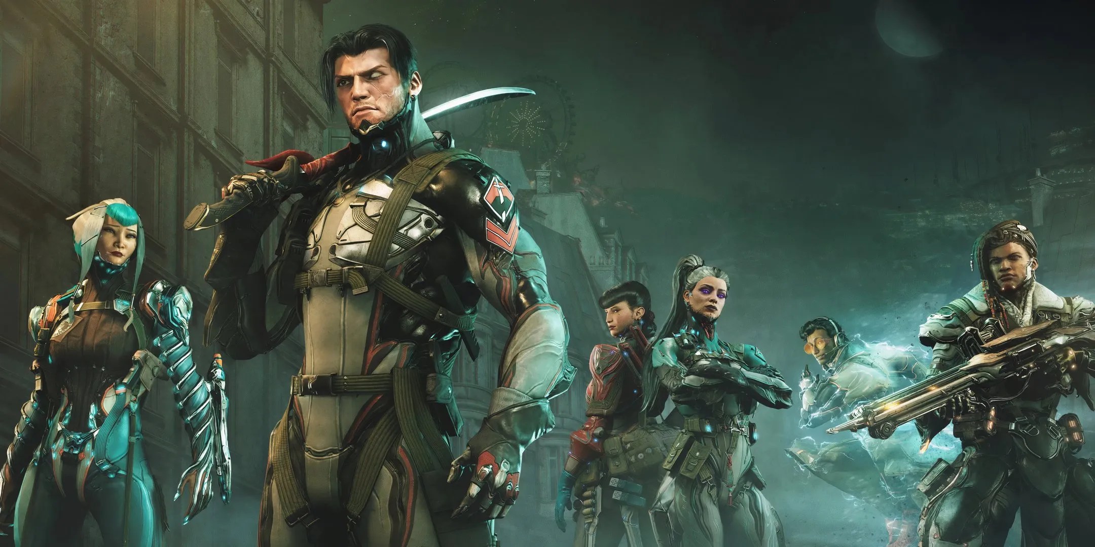 Several members of The Hex are posing with their weapons in Warframe 1999