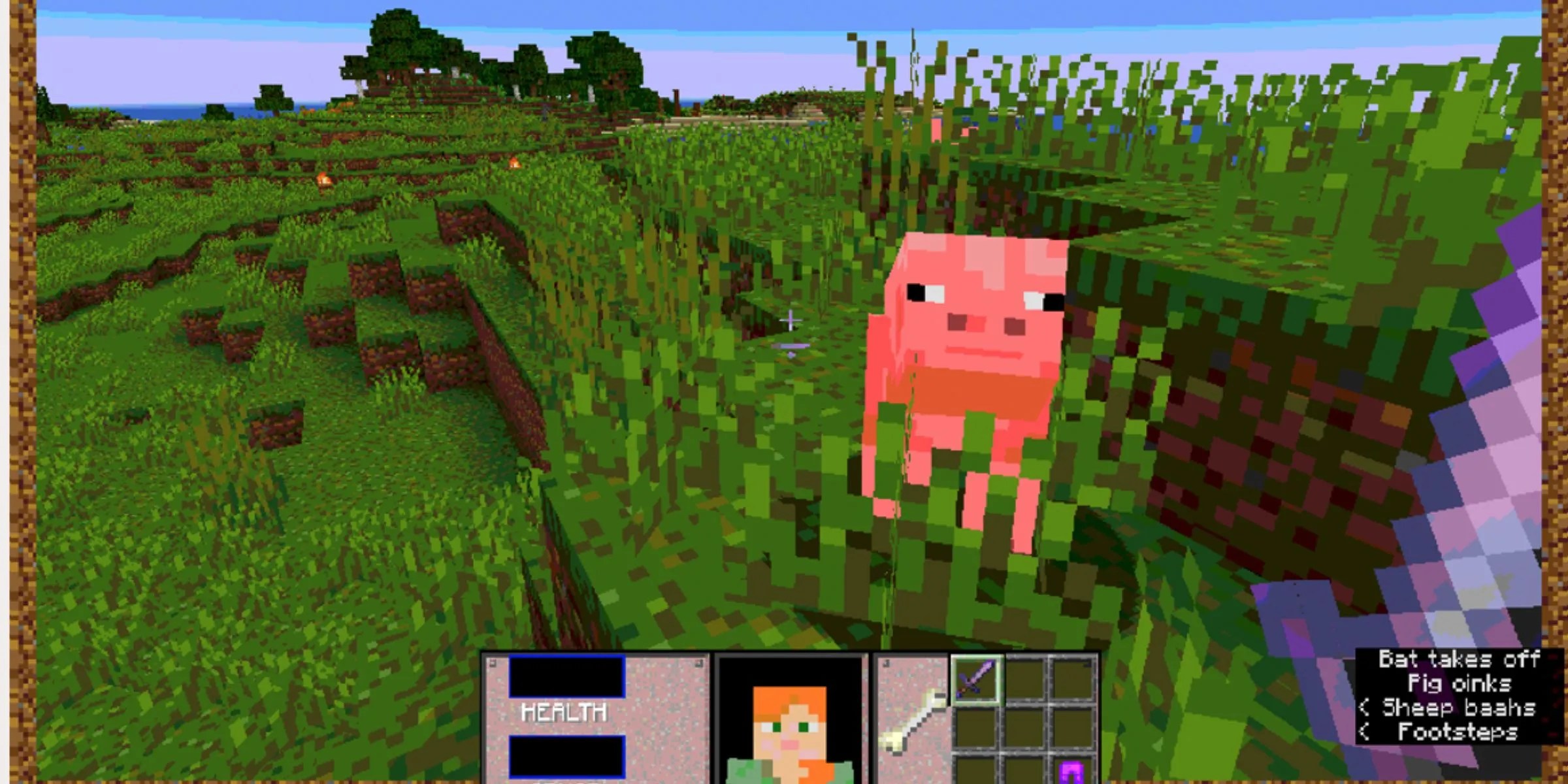 Alex Facing Down A Pig With A Doom Inspired UI At The Bottom In The Minecraft 3D April Fools' Update Of Minecraft.