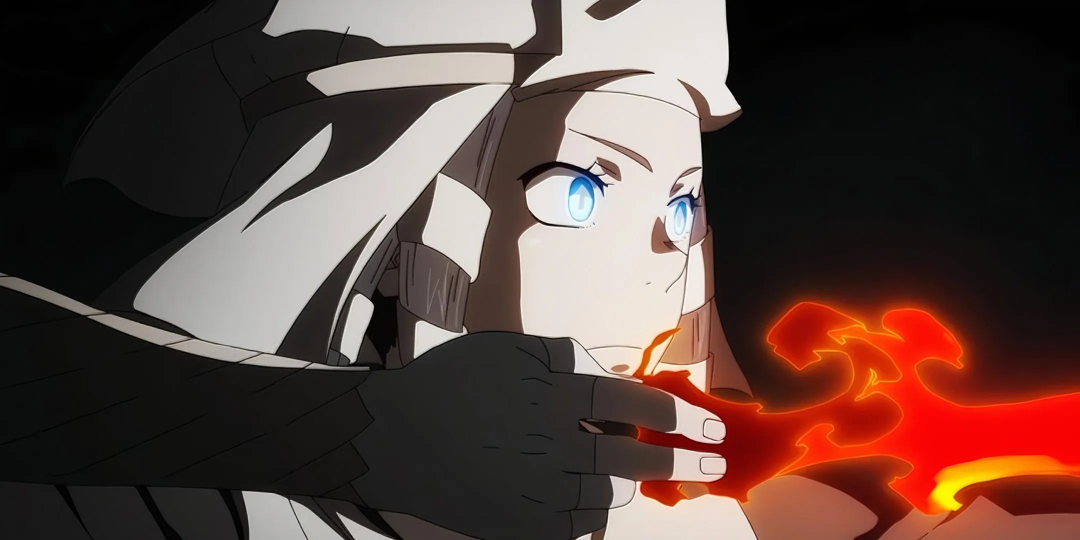 Arrow aims her flame arrow to the right of the screen in Fire Force.