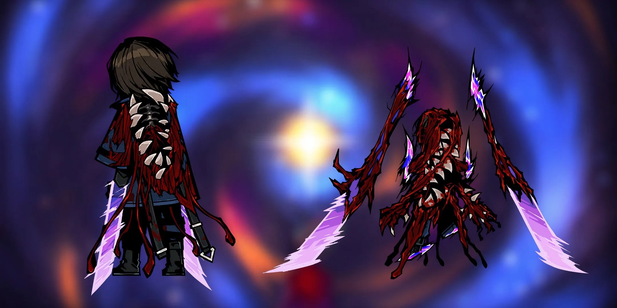 Dimension Shredder - Yi Sang normal ego form on the left, corroded ego form on the right surrounded by swords from Limbus Company.