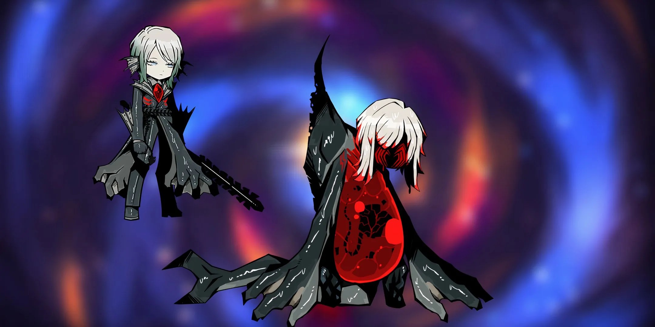 Fluid Sac - Faust normal ego mode standing above on the left and enlarged sac overtaking her body on the right in Limbus Company.