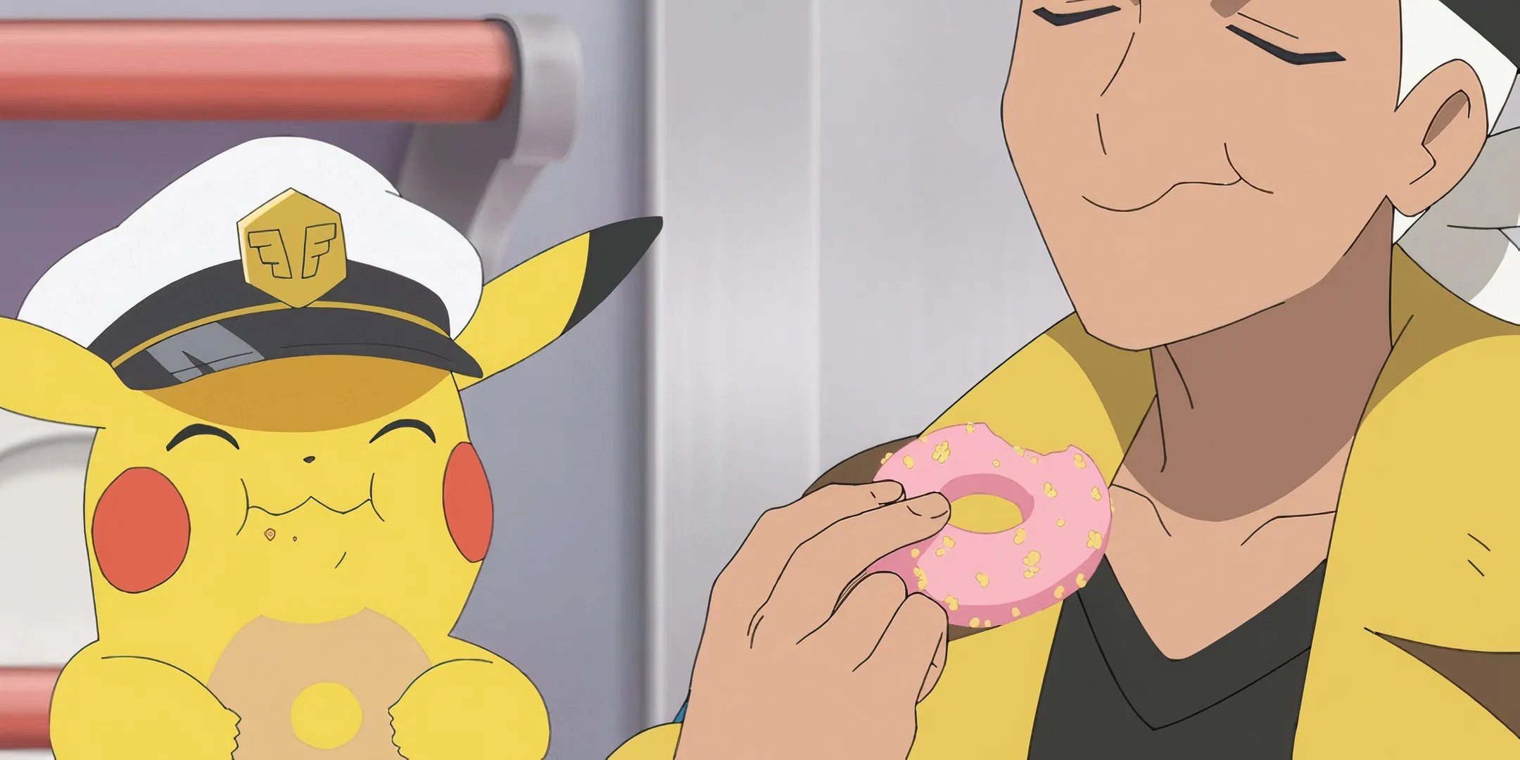 Professor Friede and Captain Pikachu Enjoying donuts in Pokemon Horizons