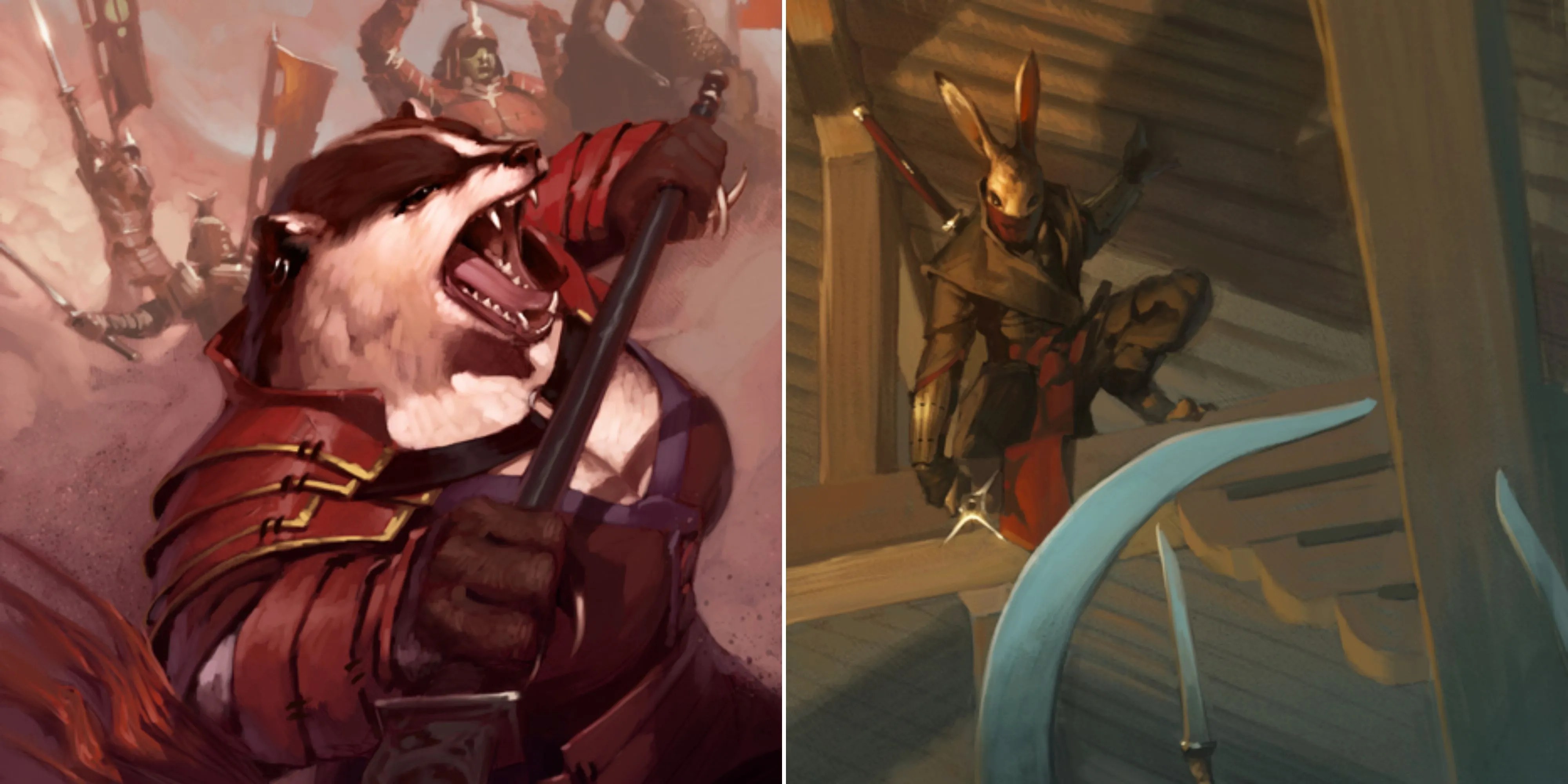 On the left, a badger hengeyokai engages in battle and on the right, a rogue rabbit hengeyokai prepares to strike in Dungeons &amp; Dragons.