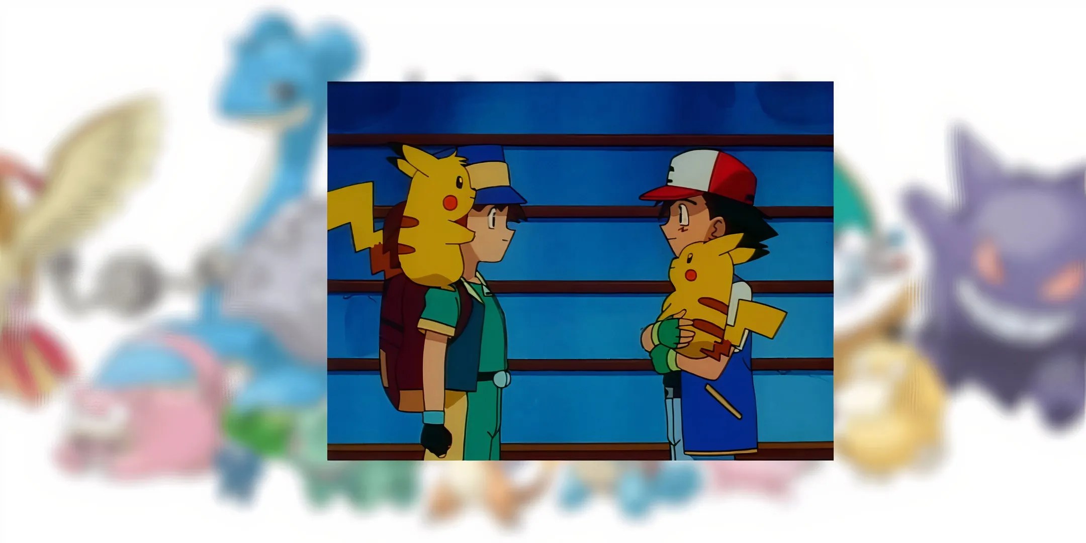Ritchie and Ash stand and look at each other while holding their respective Pikachu in Pokemon.