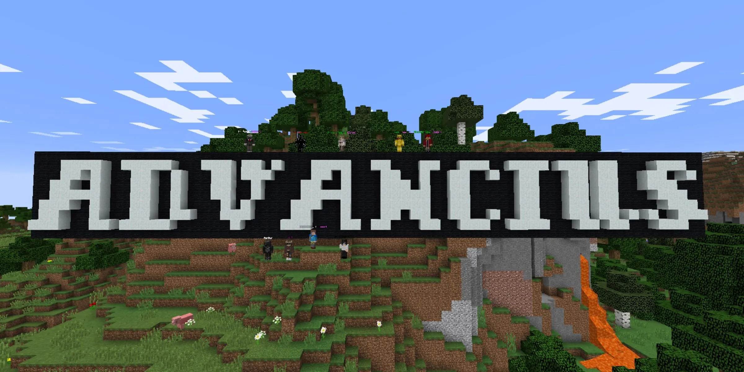 Text Reading &ldquo;Advancius&rdquo; Built In Various Blocks With Some Players On Top On The Advancius Network Server In Minecraft.