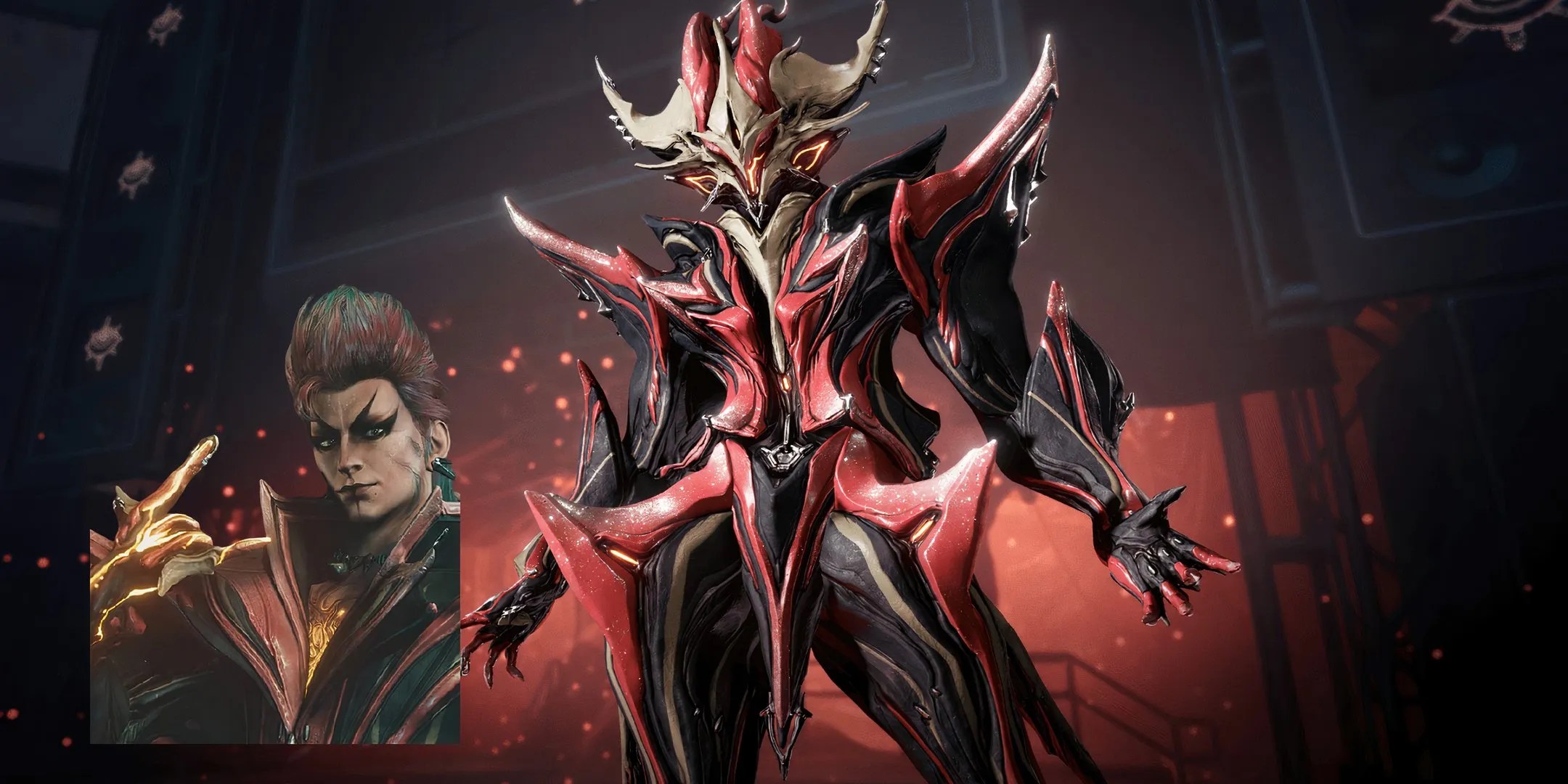 Flare Valreon’s portrait is on the bottom left portion of the screen while their warframe, Temple, stands in the middle of the frame with it’s hands open from Warframe