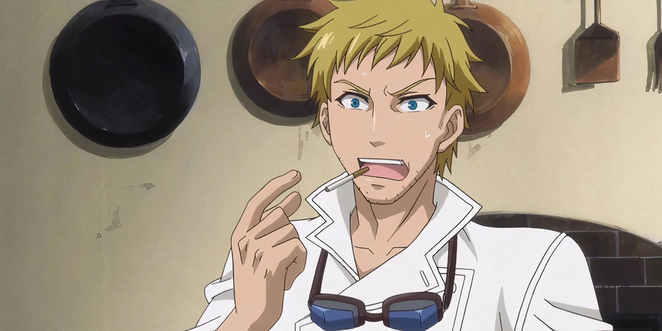 Baldroy points at himself with a cigarette in his mouth in Black Butler.