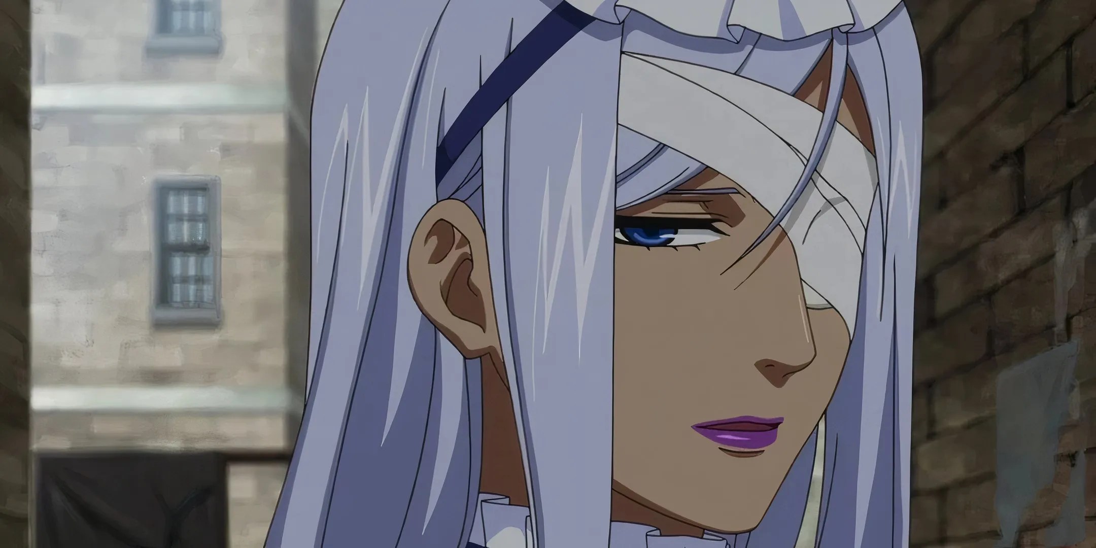 A close up of Hannah Annafellows face and injured eye from Black Butler