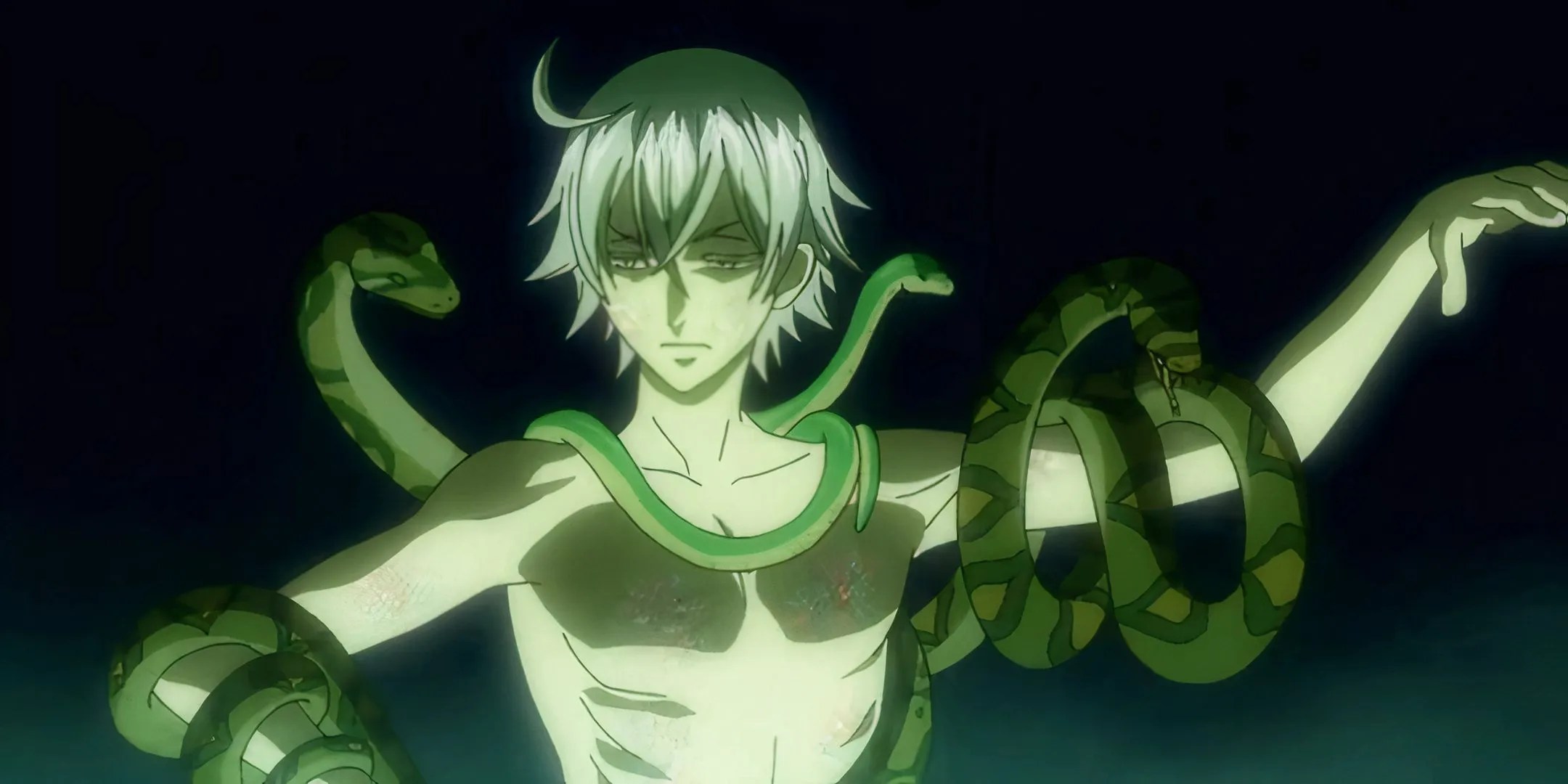 Snake performing a snake charming dance with several of his snakes in Black Butler