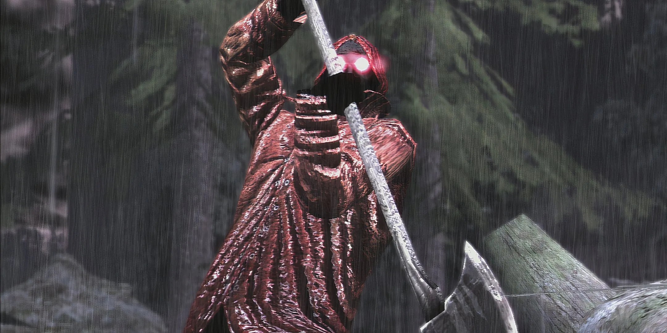 The Raincoat Killer lifts his axe in Deadly Premonition