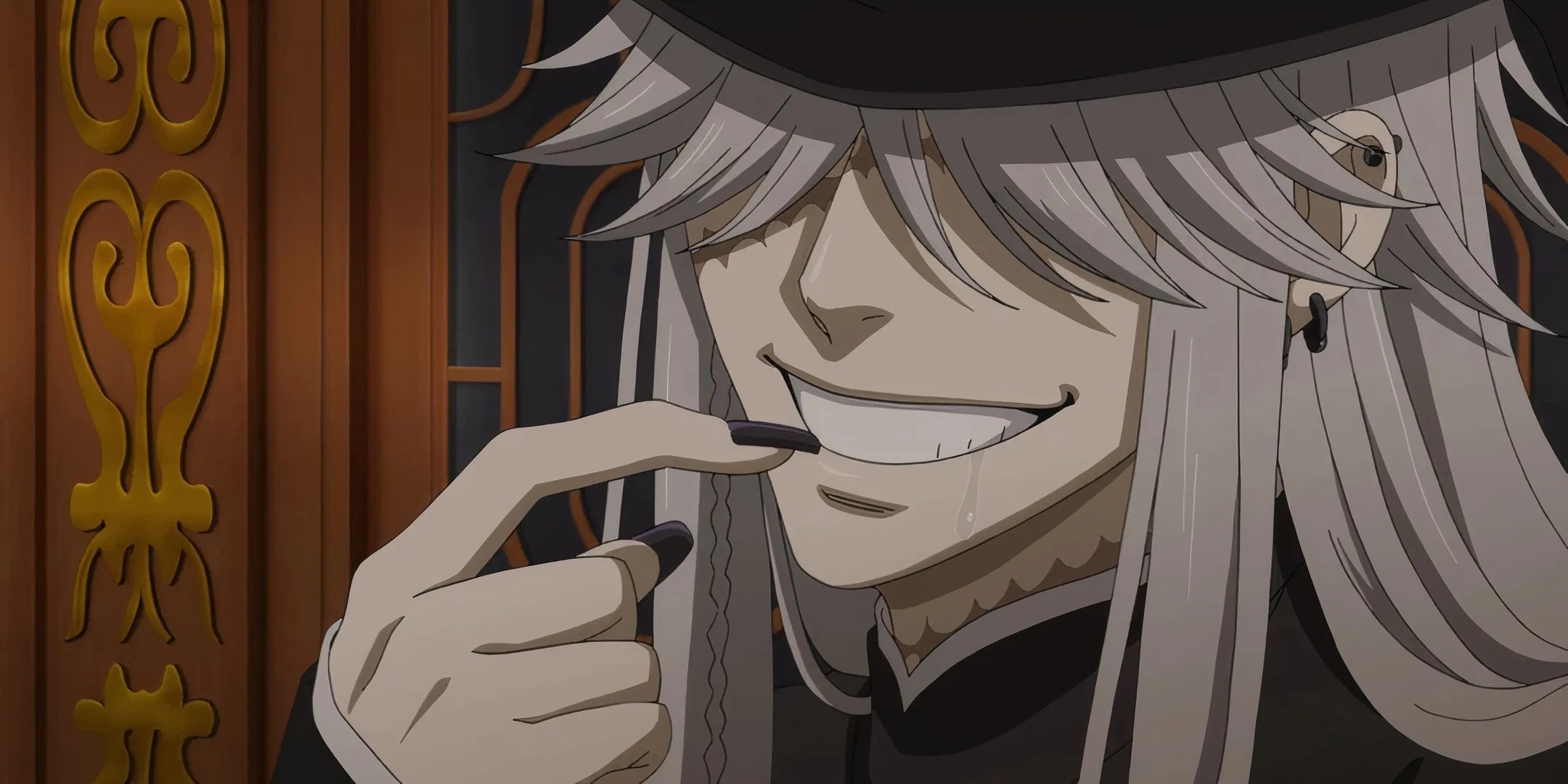 Undertaker gives an unsettling smile with a small dribble of drool on the left side of his mouth in Black Butler