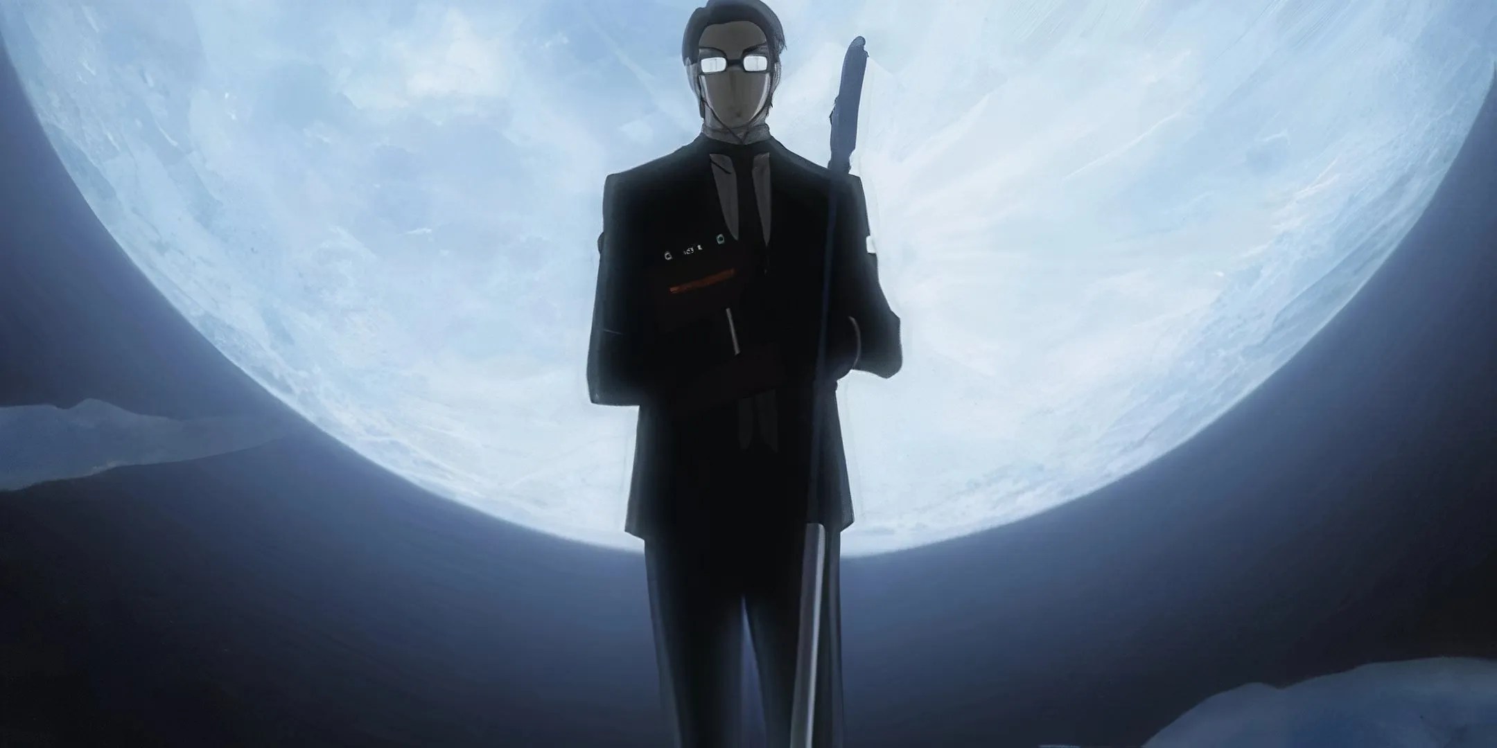 William T. Spears stands against the large full moon, while holding his weapon in Black Butler