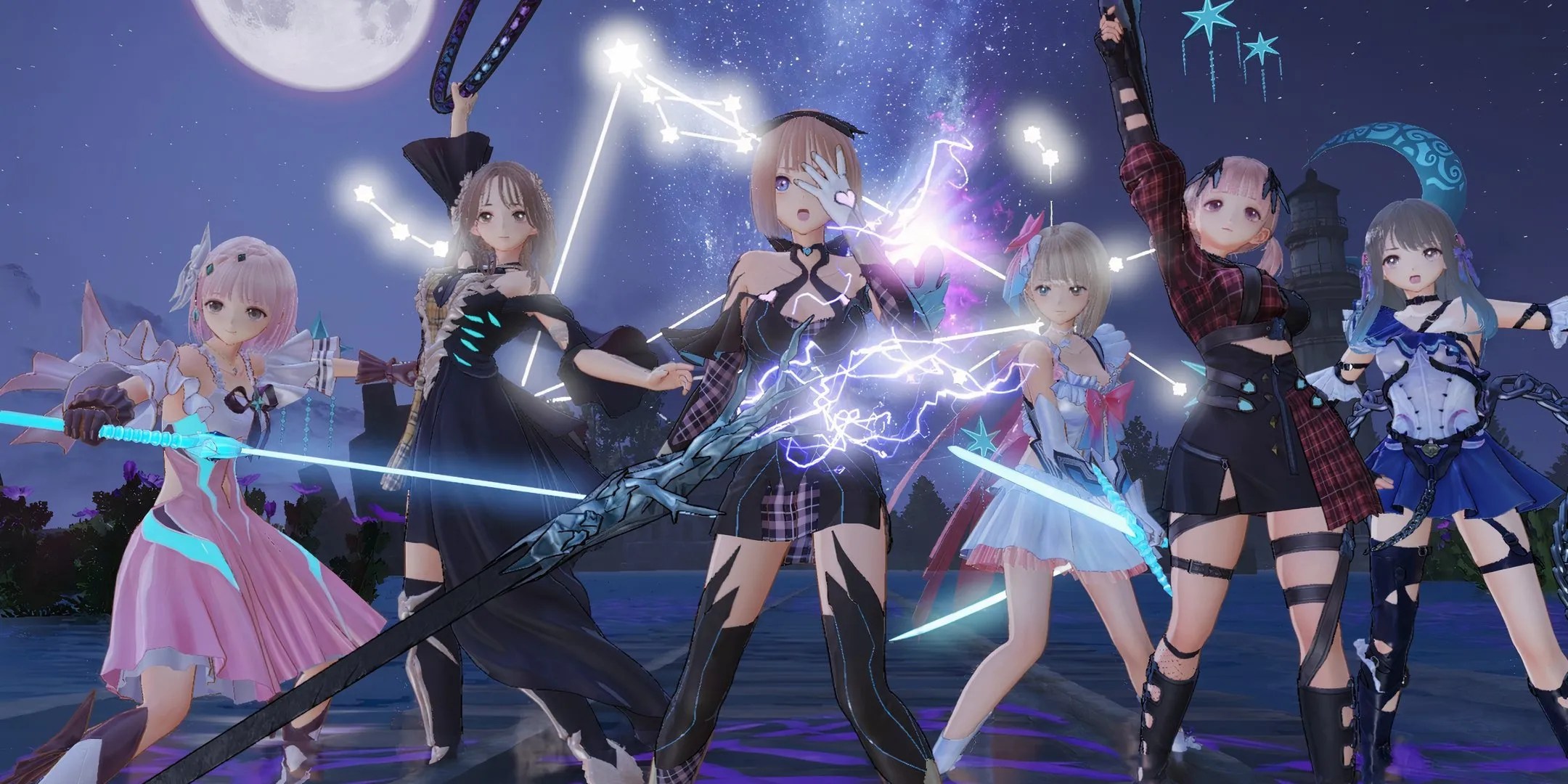 Several party members are surrounding Ao (middle) in their battle gear from Blue Reflection - Second Light.