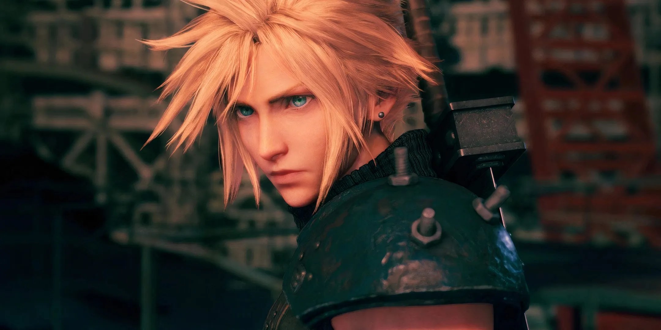 Cloud Strife looks intensely over his left shoulder in Final Fantasy 7 remake.