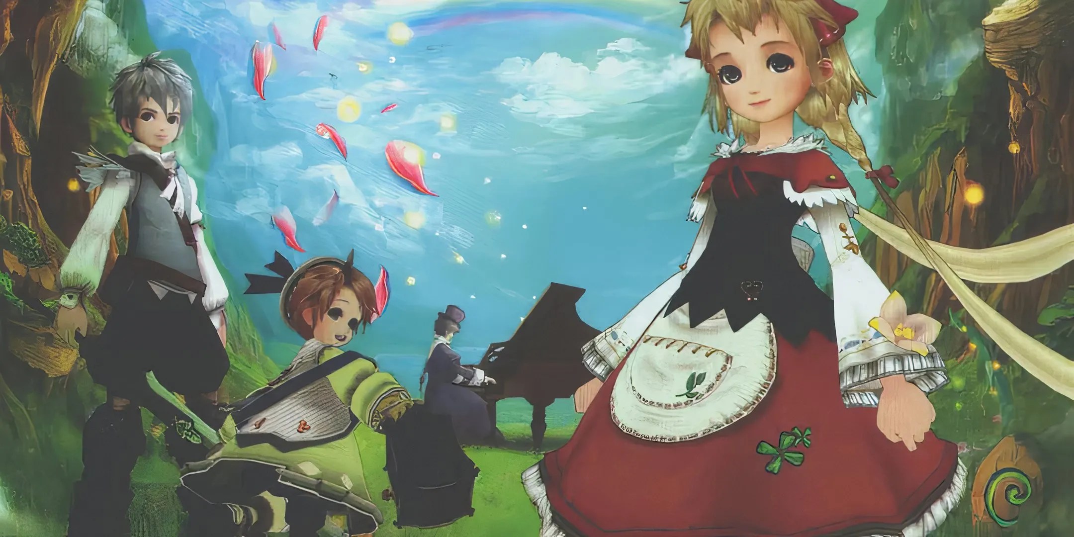 Characters Allegretto (left), Beat (middle left), and Polka (right) surround Frederic (middle) as he plays the piano in a field with a rainbow above them in Eternal Sonata.