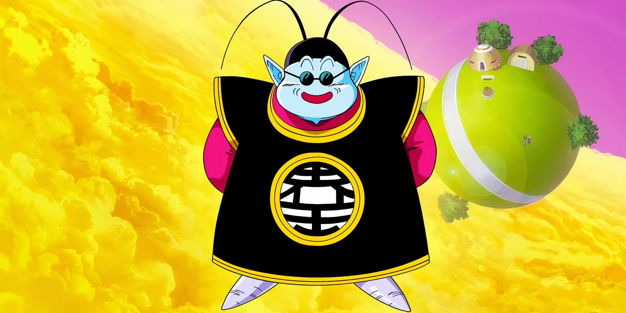 King Kai smiles and stands in front of his home planet from DBZ