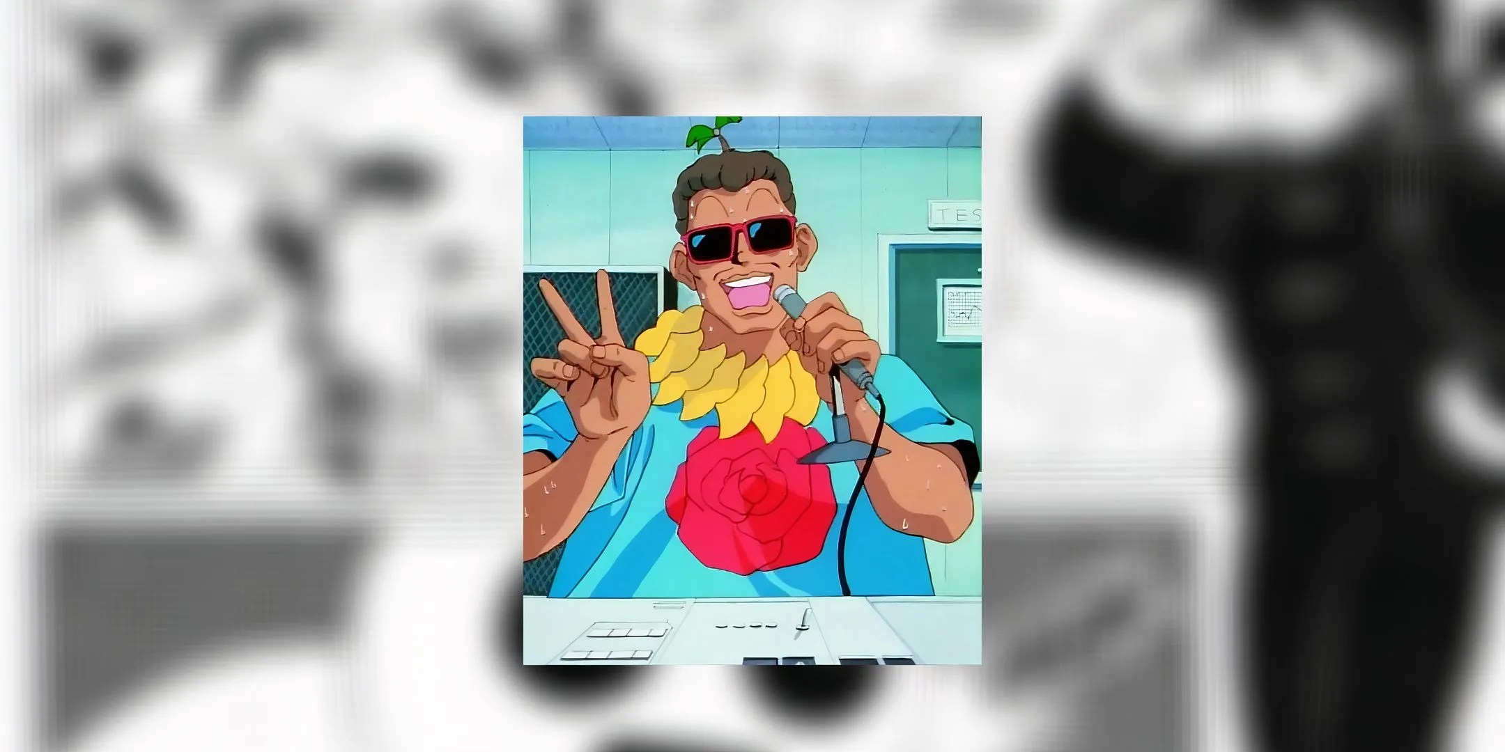 Principal Kuno holds a microphone in one hand while giving the peace sign and wearing a hawaiian shirt in Ranma 1/2