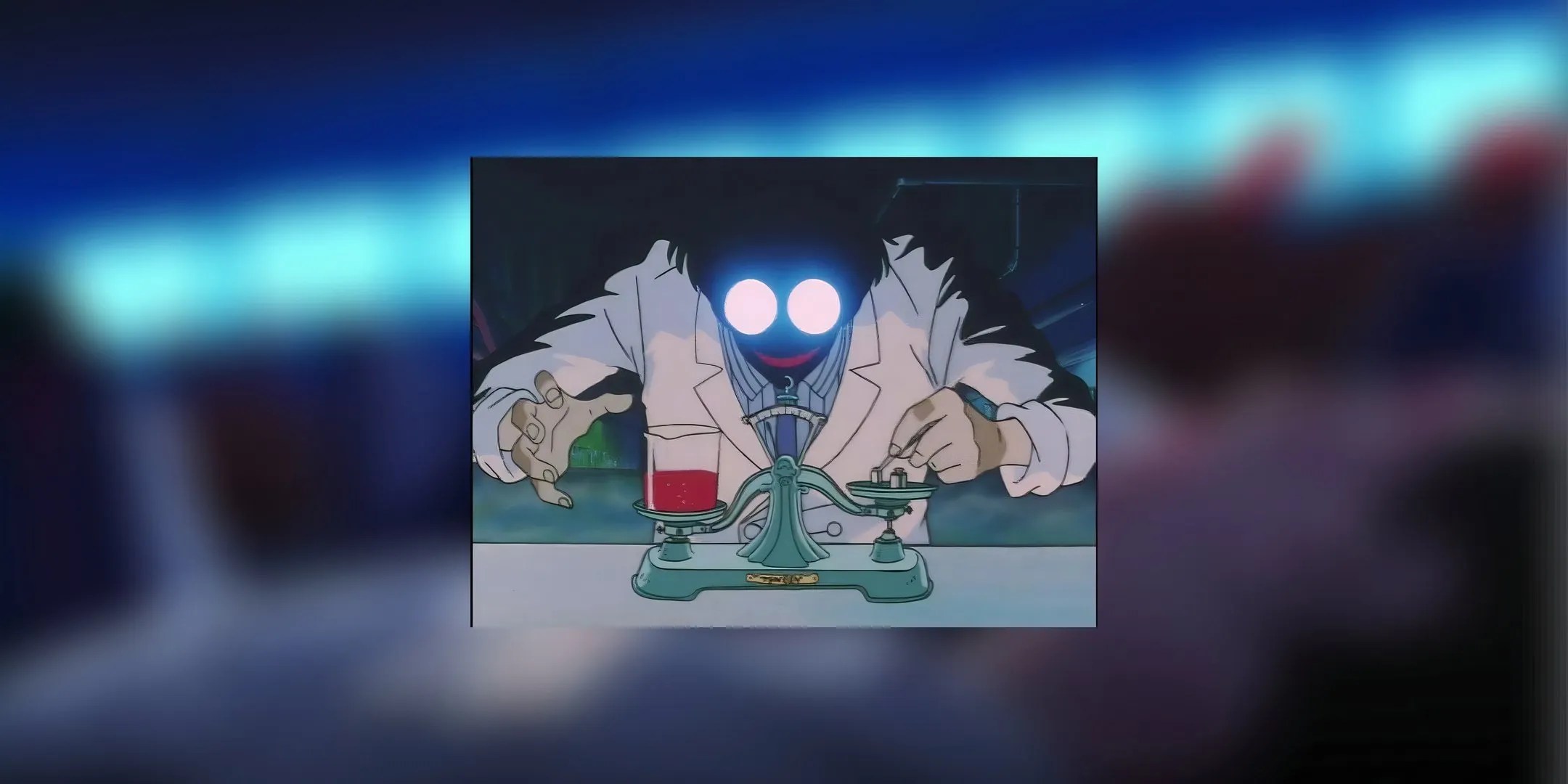 Professor Tomoe has a beaker filled with red liquid on a scale on the left, and some weights on the rights on Sailor Moon S