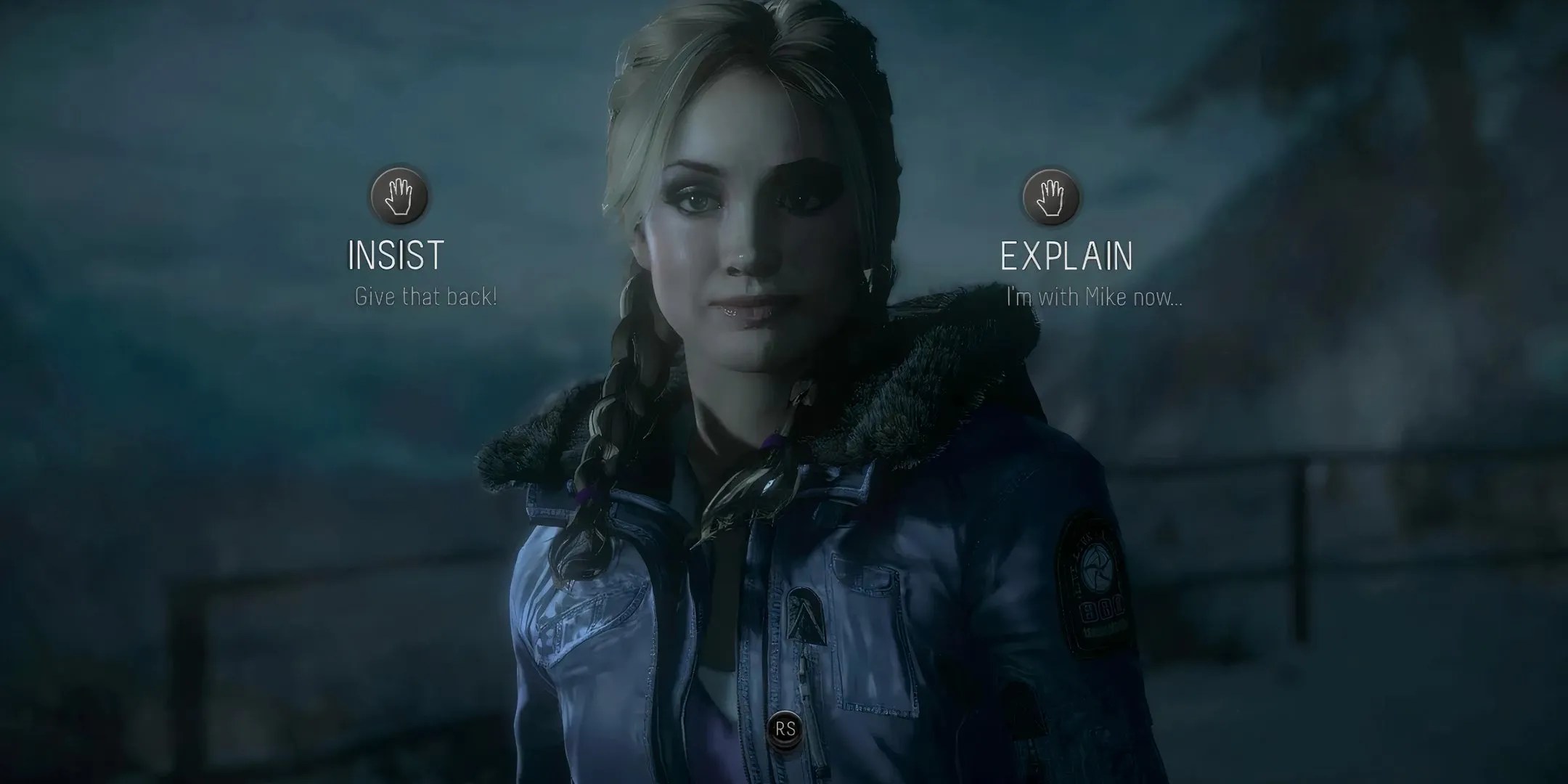 Emily is faced with making a choice of insisting on the left, and explaining she&rsquo;s with Mike on the right in Until Dawn.