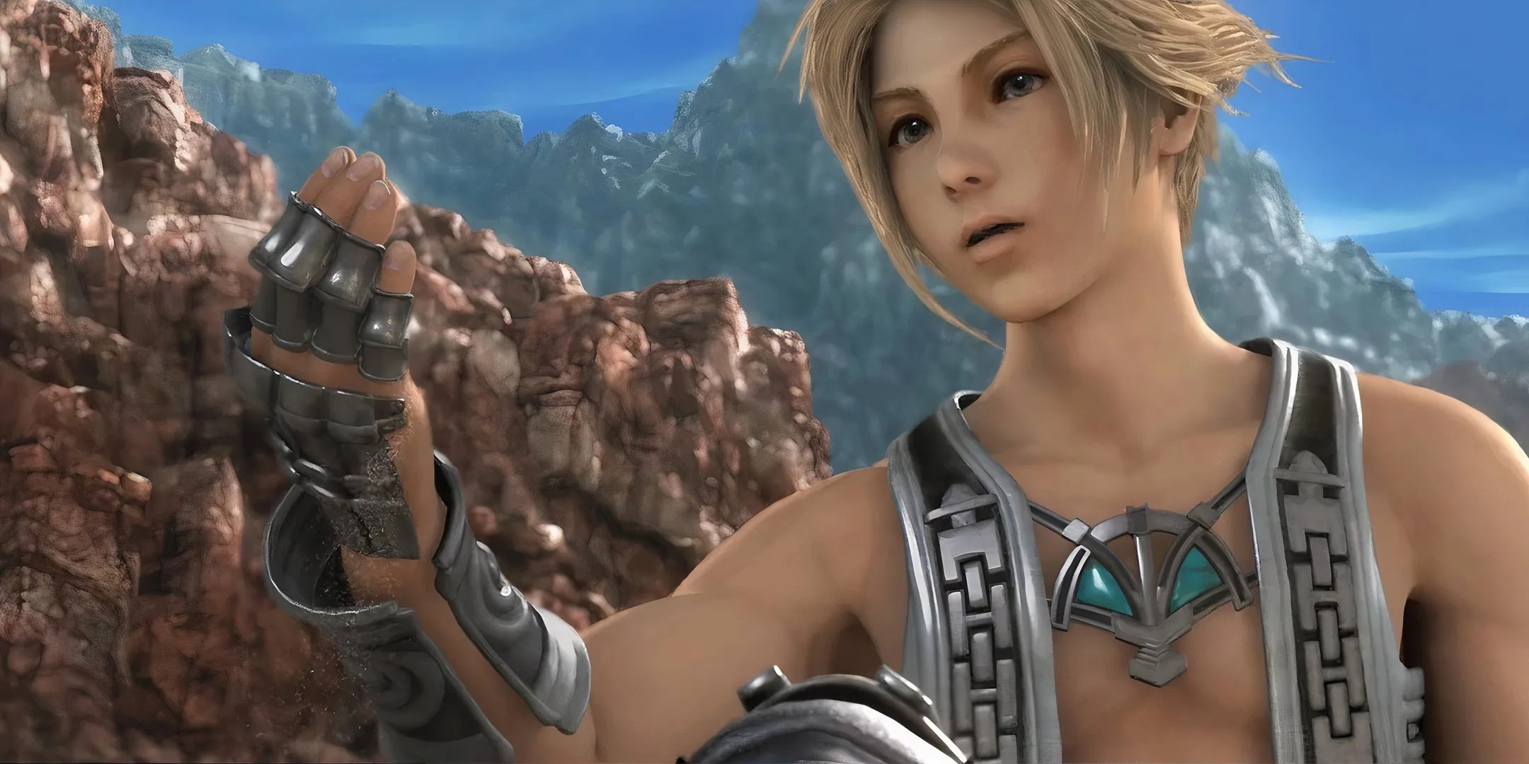 Vaan holding his right hand up questioningly against a rocky background in Final Fantasy 12.