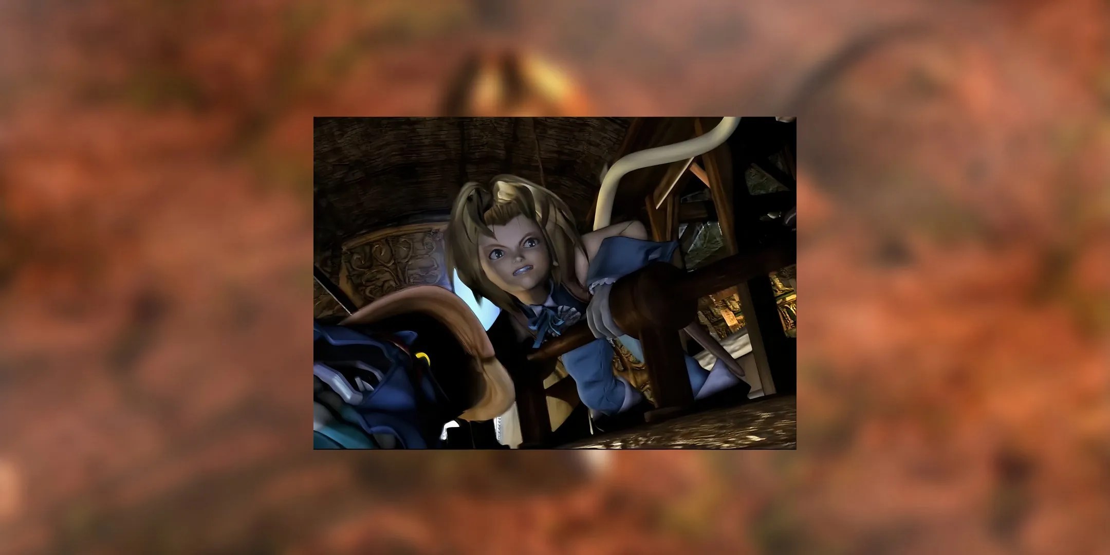 Zidane holding onto a wooden railing in Final Fantasy 9.