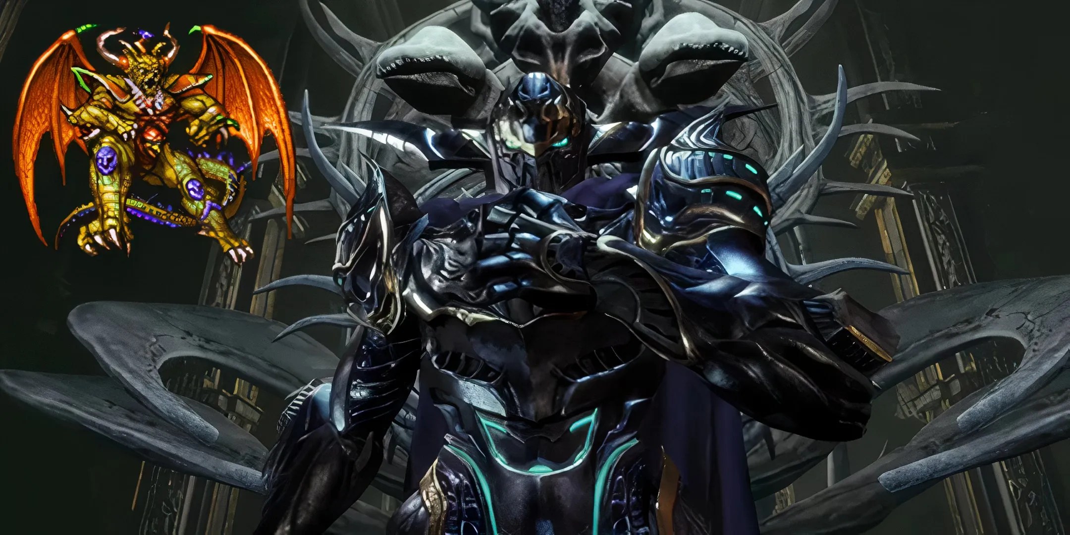 Chaos as depicted in Stranger In Paradise: Final Fantasy Origin, and his boss sprite from Final Fantasy 1