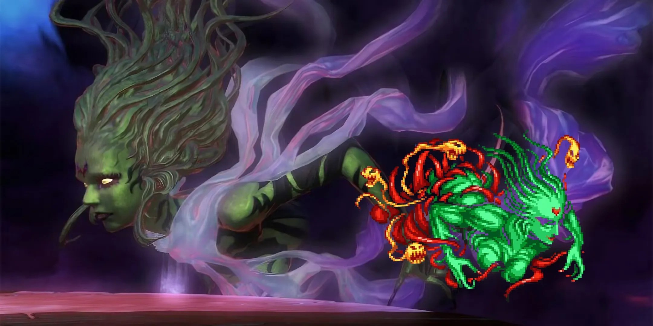 Cloud of Darkness from Final Fantasy 14 in the back, and the Cloud of Darkness in her sprite form from FF3