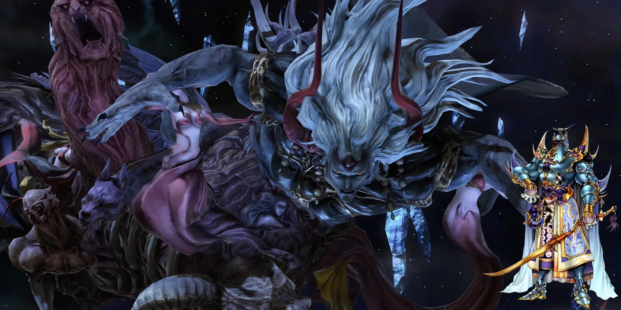 Exdeath from the Deltascape Raid in Final Fantasy 14 as the background, and Exdeath in his knight form from Final Fantasy 5.