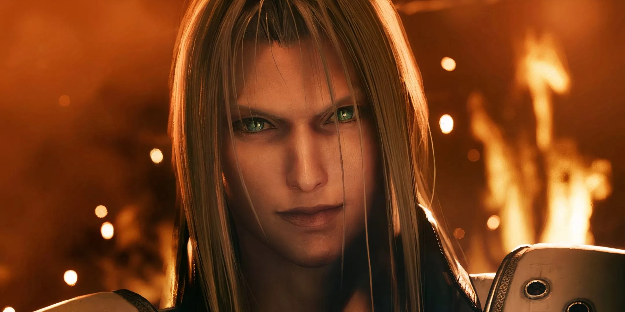 A close up of Sephiroth&rsquo;s face with fire in the background from Final Fantasy 7