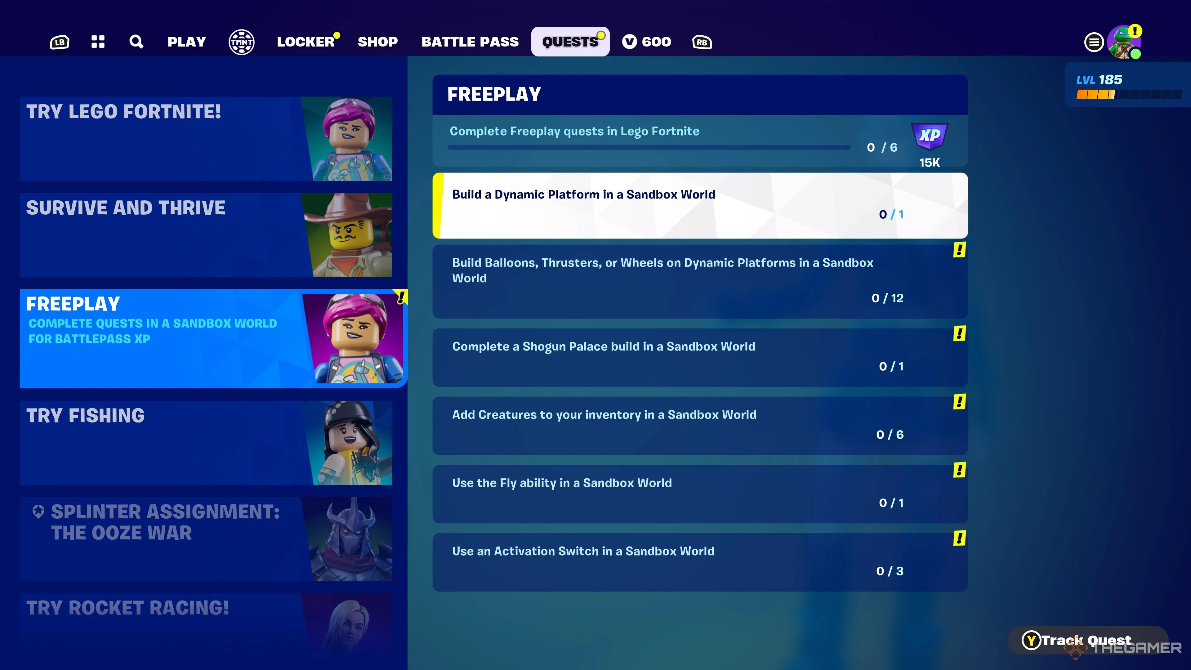 Screenshot of the Freeplay Quests in Lego Fortnite