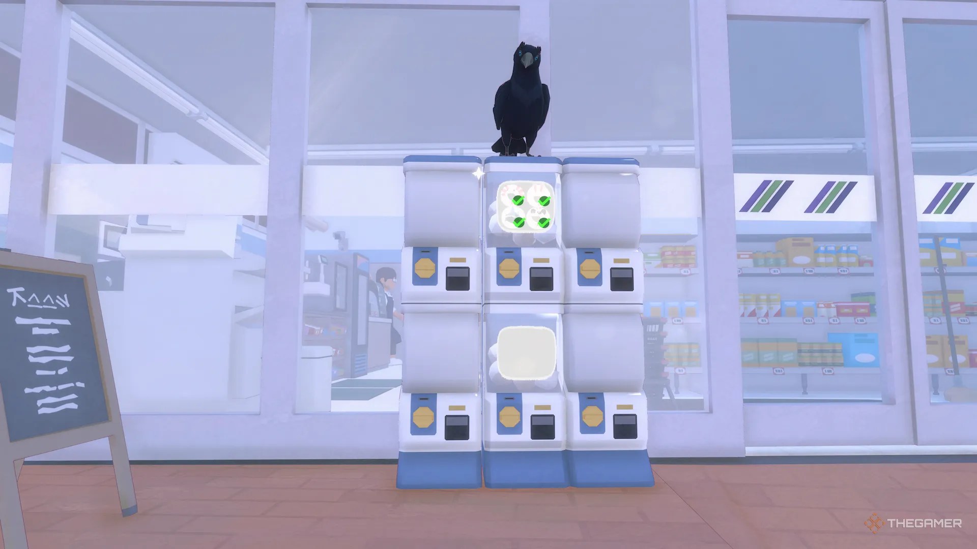 Blue hat vending machine in front of grocery store in Little Kitty, Big City.