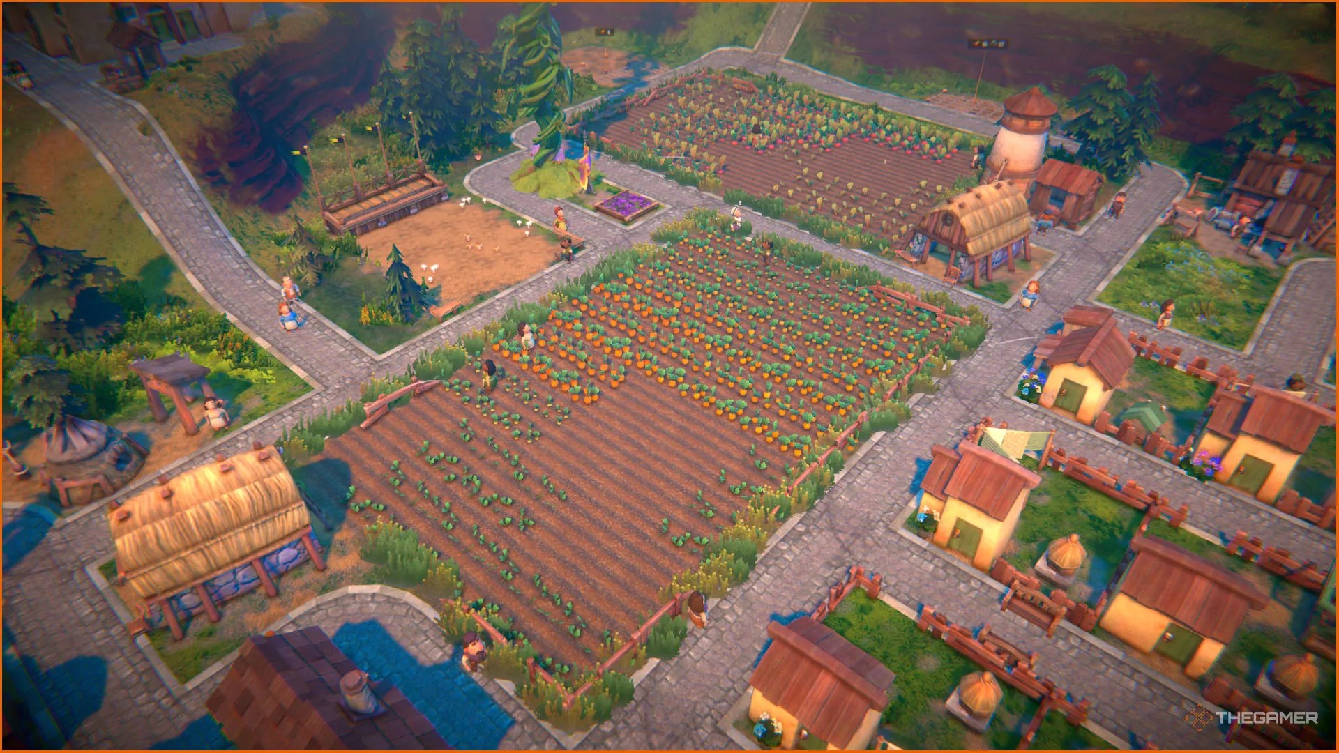 Farm fields filled with carrots and beats, workers toiling away, with houses in the background