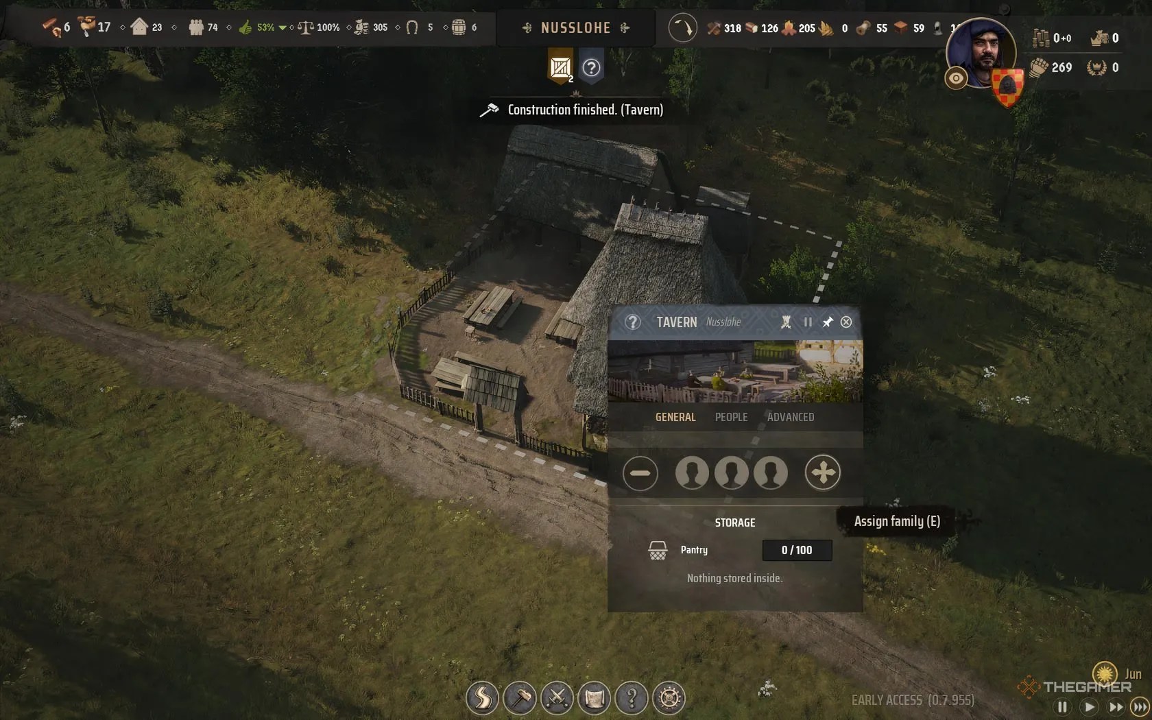 Tavern menu opened in Manor Lords, with an option to assign family members.