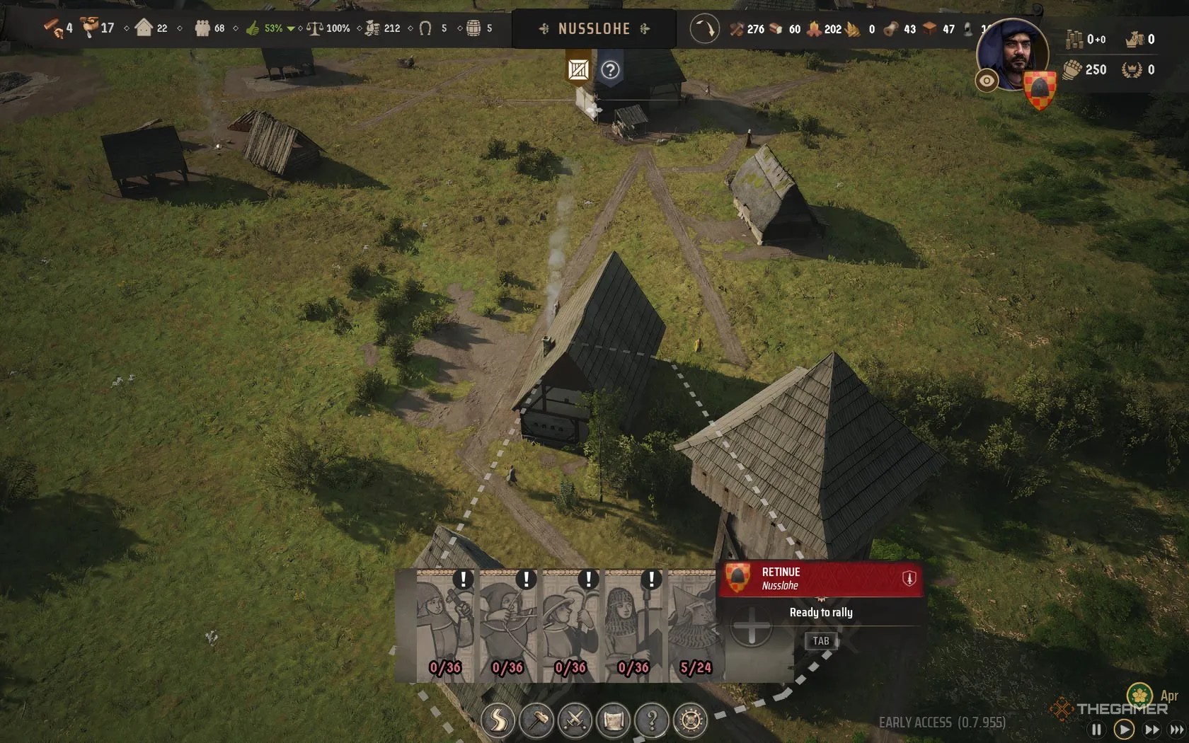 The army tab in Manor Lords showing a Retinue unit ready to rally.