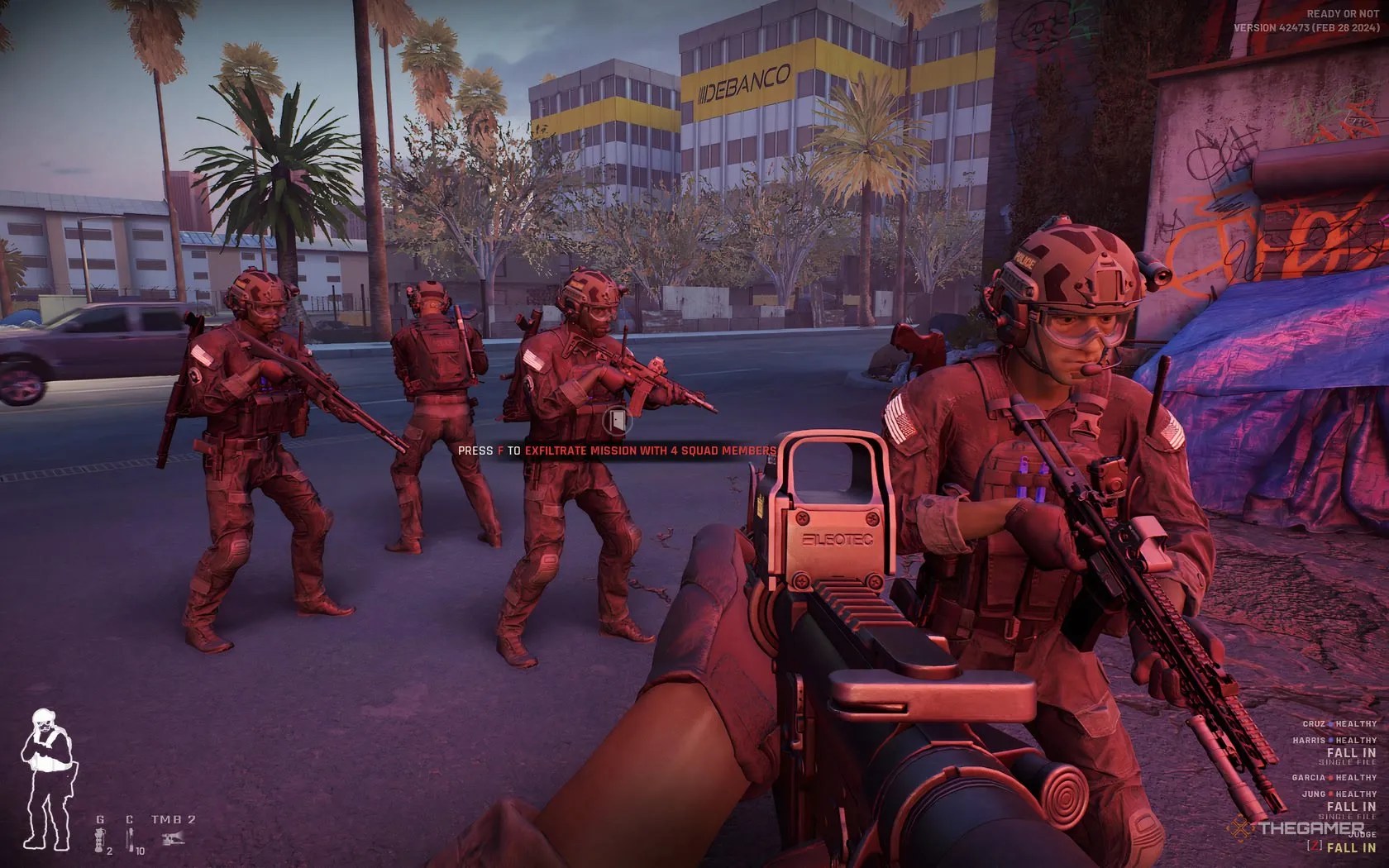 A player aiming at four bots in single-player mode in Ready or Not