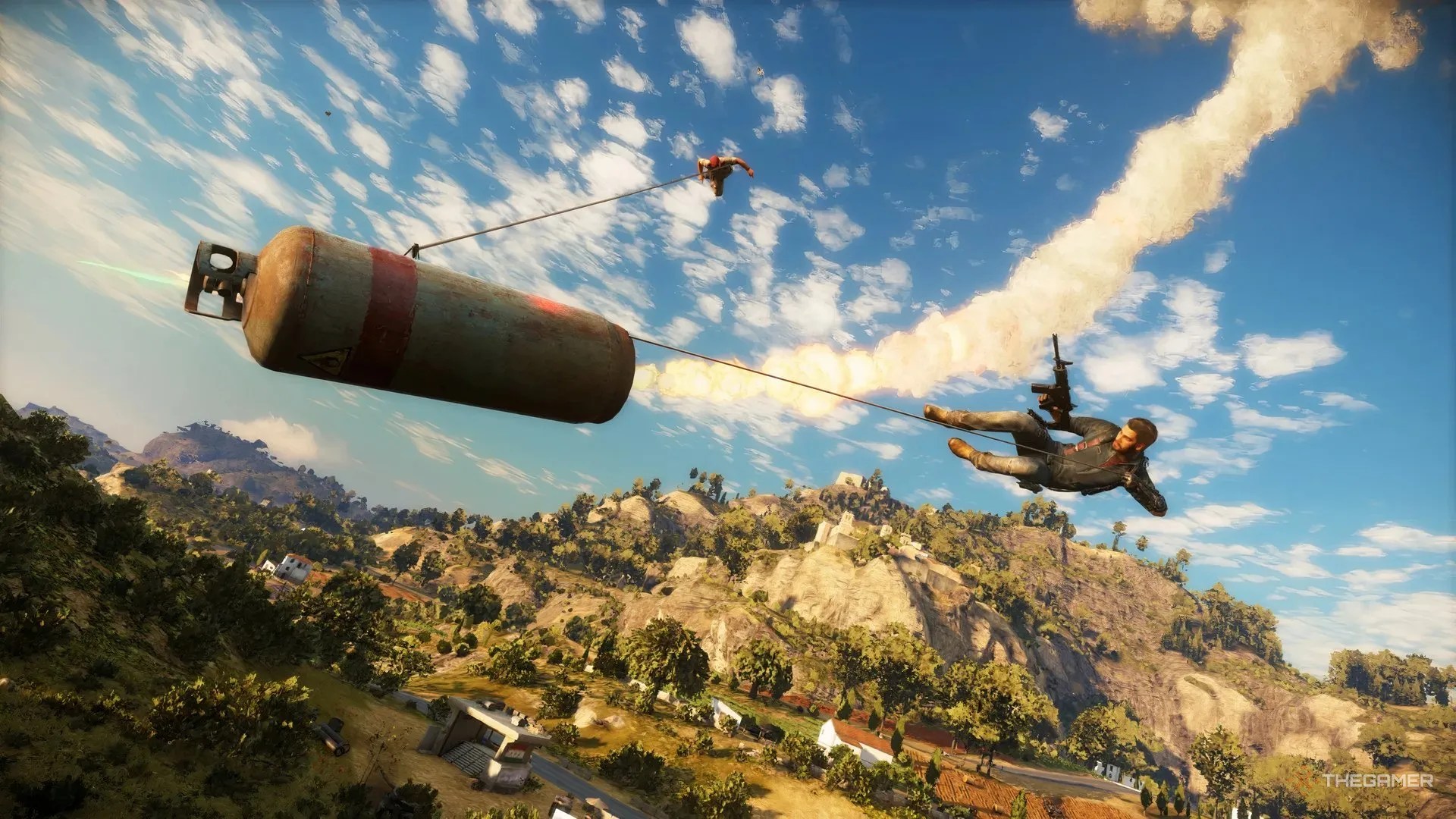 Rico Rodriguez zipping towards a canister with his grappling hook in Just Cause 3.