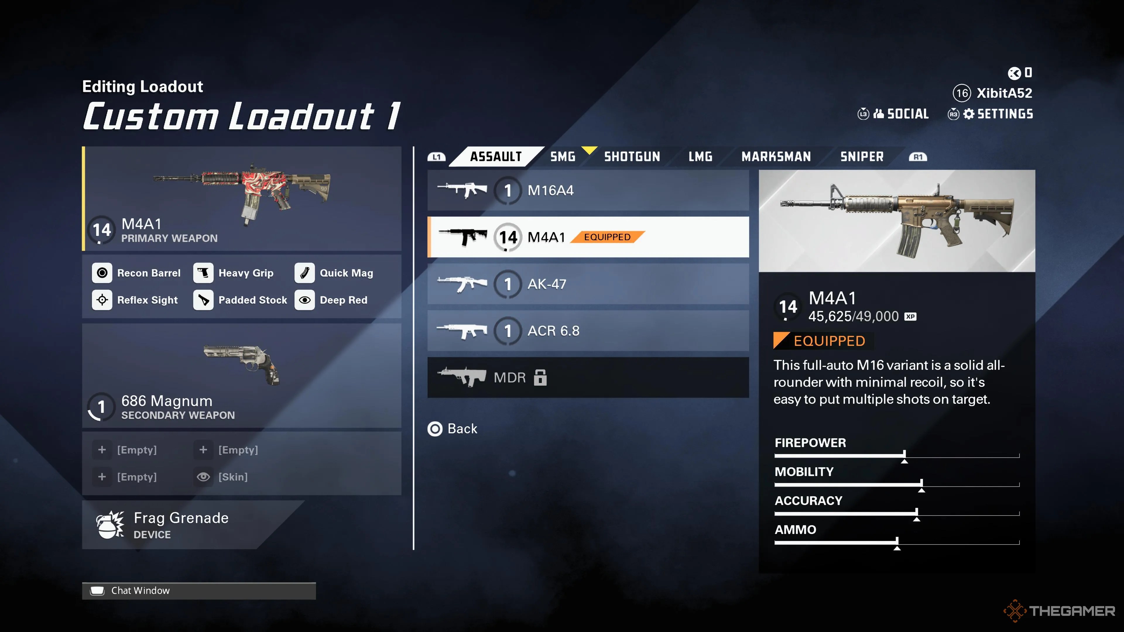 The M4A1 highlighted on the loadout screen in XDefiant.