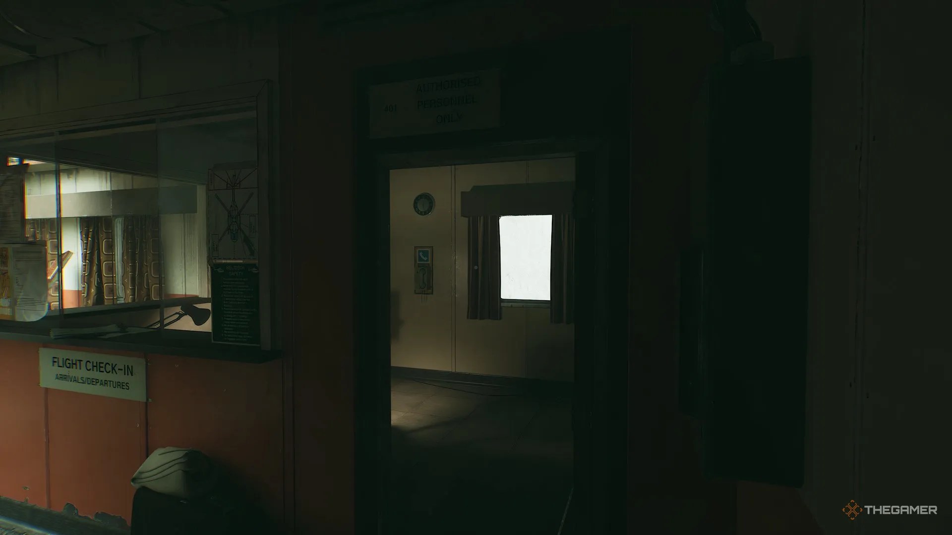 Authorized Personnel Room with phone on back wall next to the window in Still Wakes The Deep.