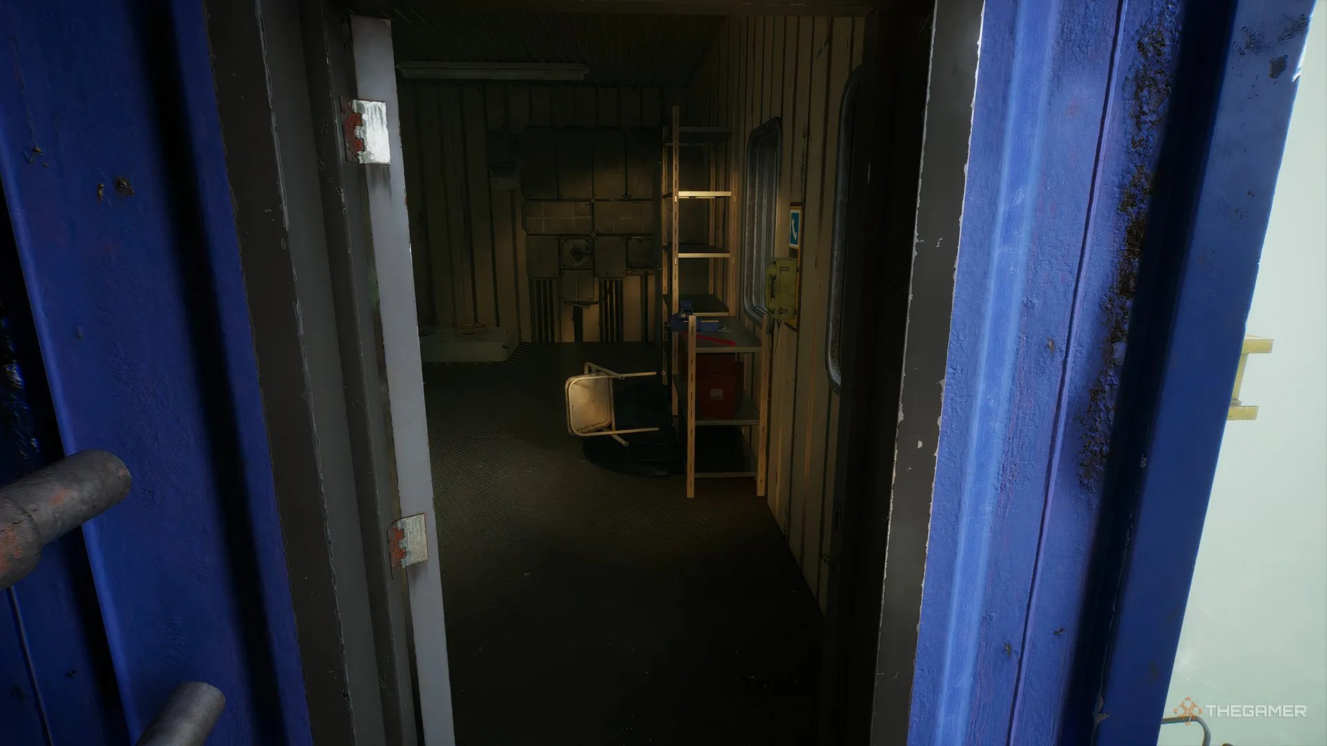 Through door is another supply room, phone on the right wall in Still Wakes The Deep.