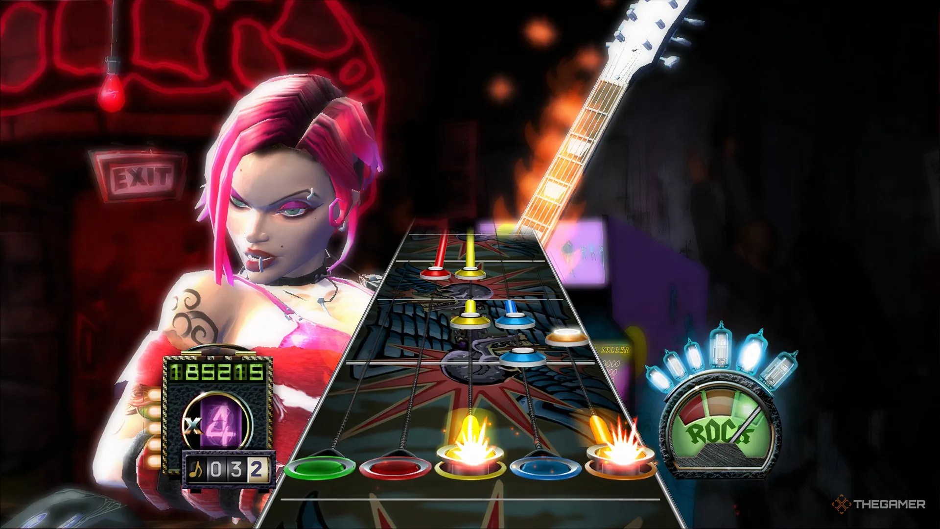 Notes falling down the track in Guitar Hero.