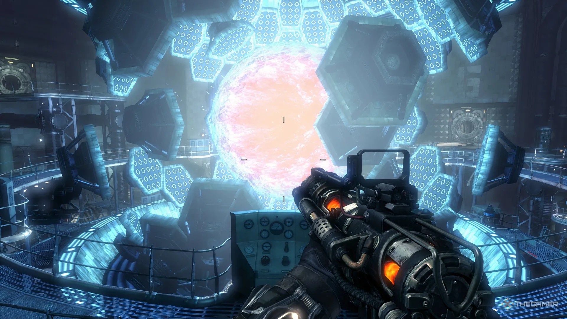 The protagonist staring at a glowing orb in Singularity.