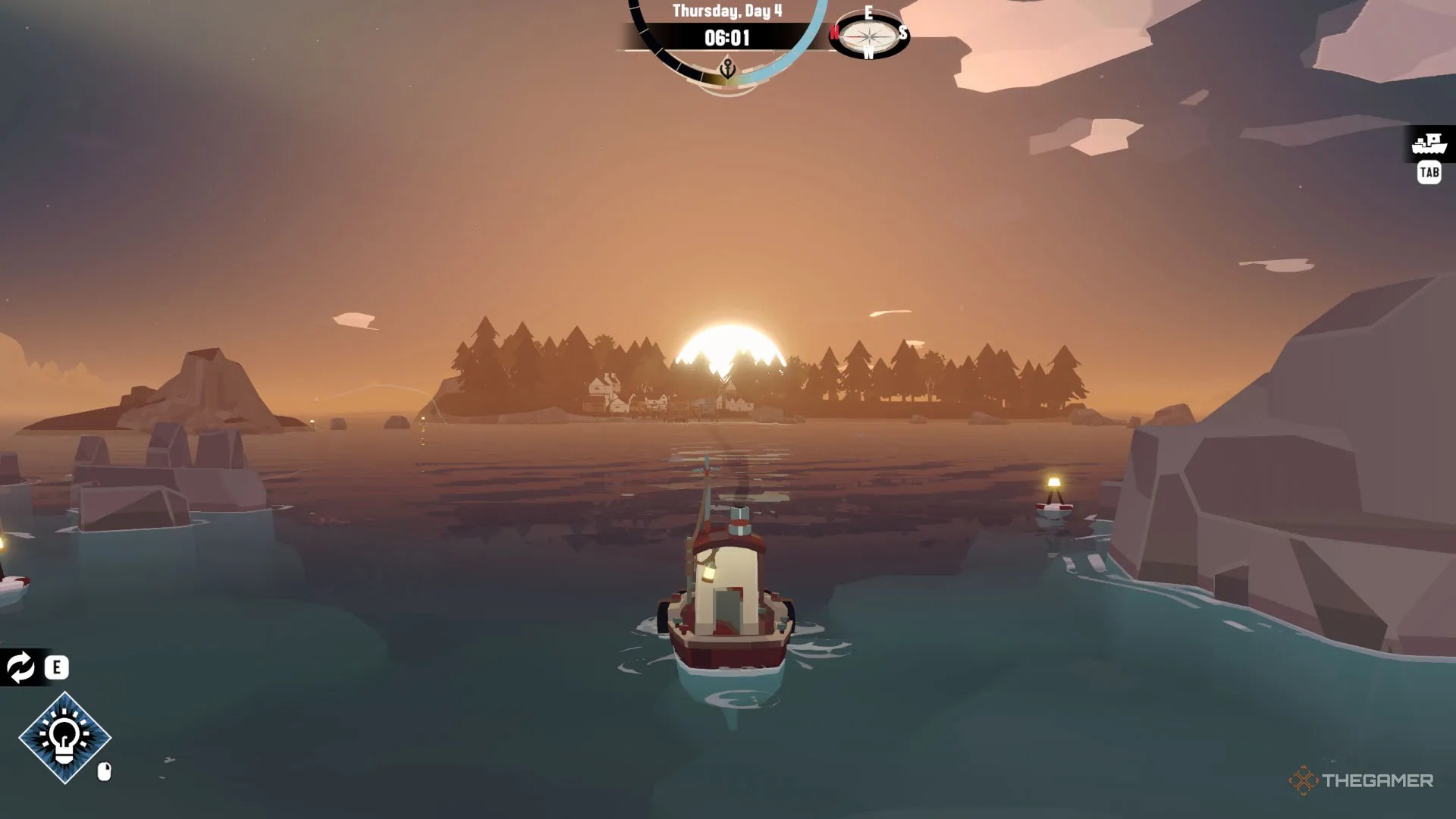 A boat out on the water during sunset in Dredge.