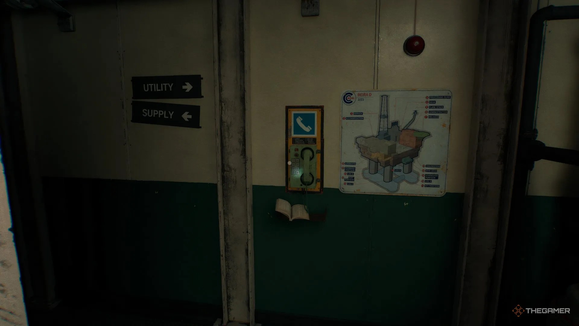 Phone on the wall, to the right is a map of the rig, to the left are the signs for Utility and Supply in Still Wakes The Deep.
