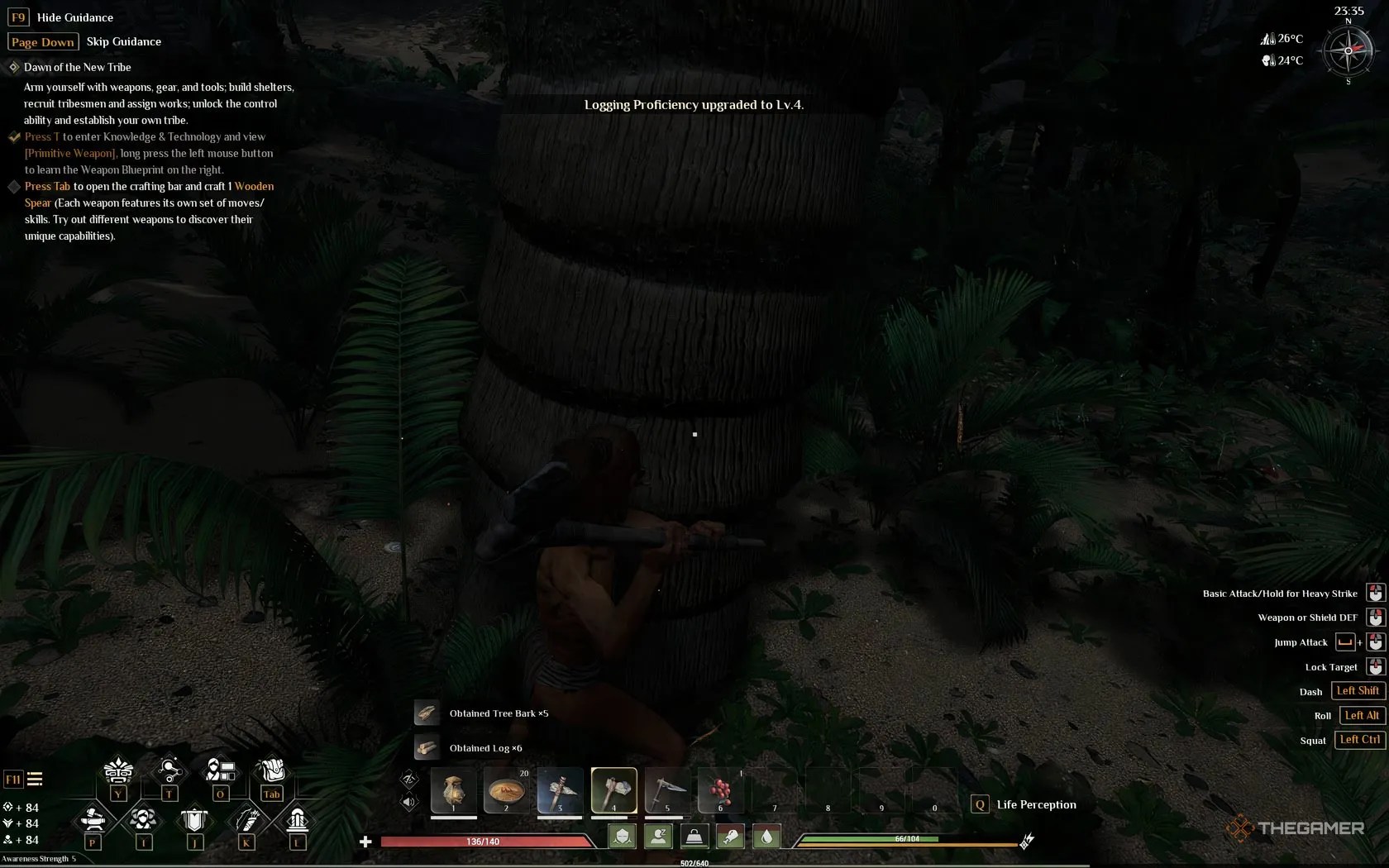 A character cutting down a tree with a notification displaying ‘Logging Proficiency Upgraded to Level 4’ in Soulmask.