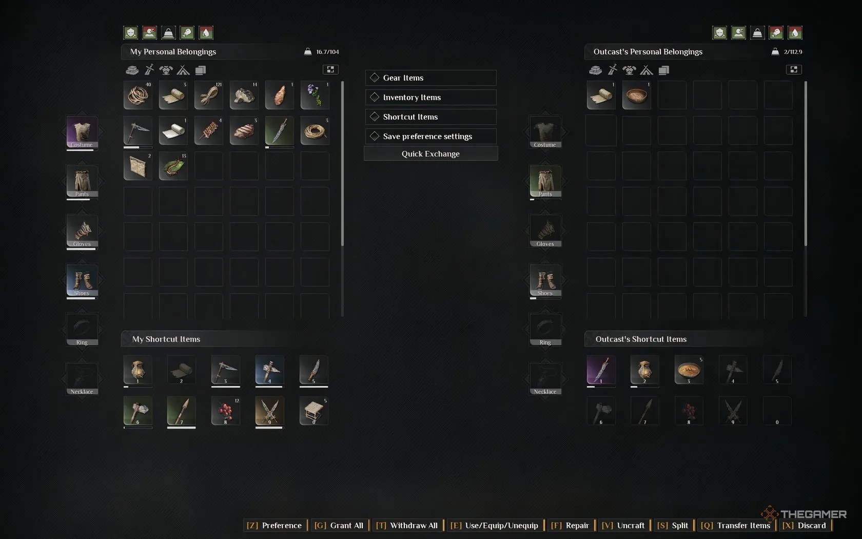A player’s and NPC’s inventory in Soulmask, with Soup and Bandages placed in the NPC’s inventory.
