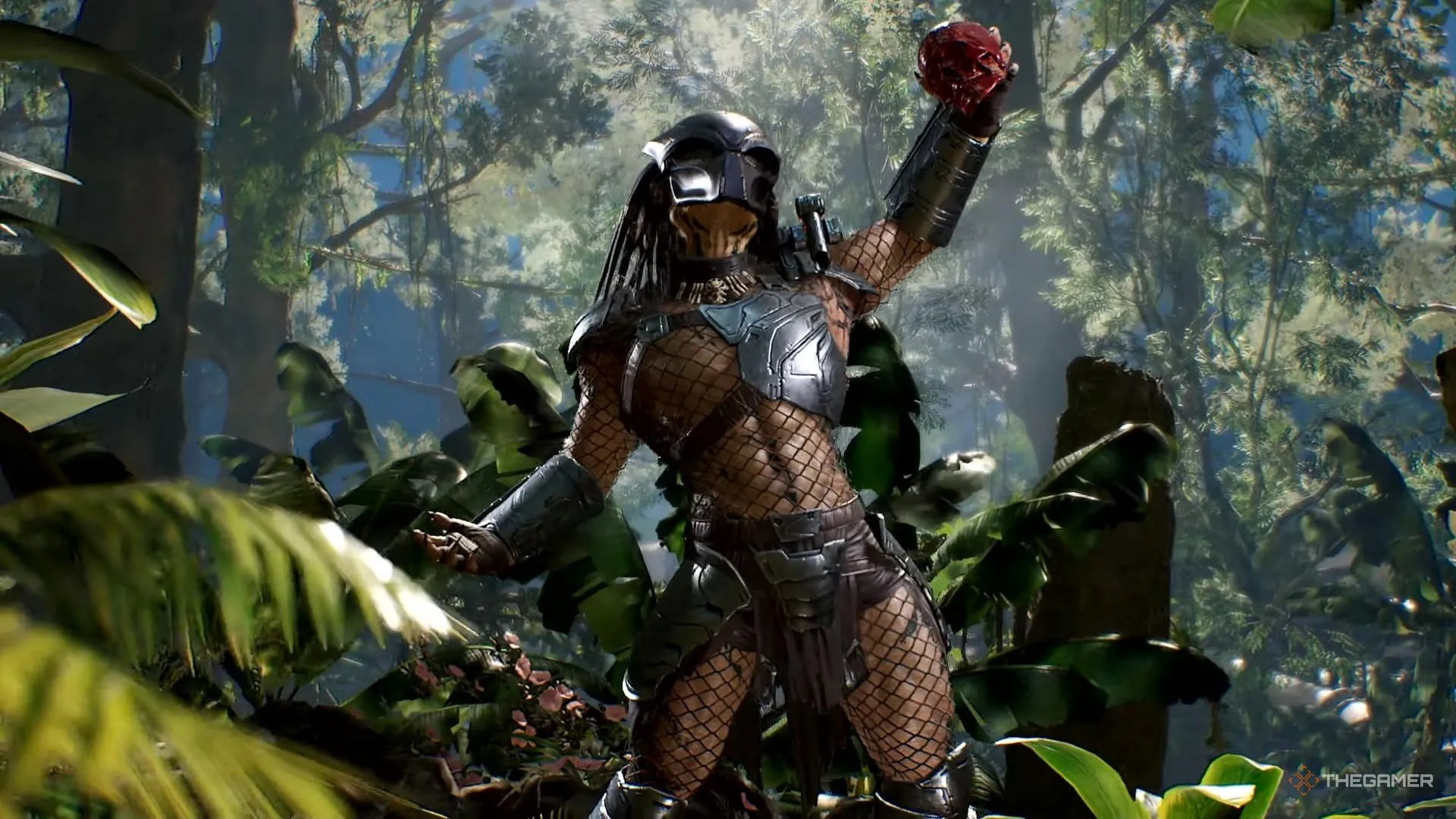 The Predator holding a skull as a trophy in Predator: Hunting Grounds.