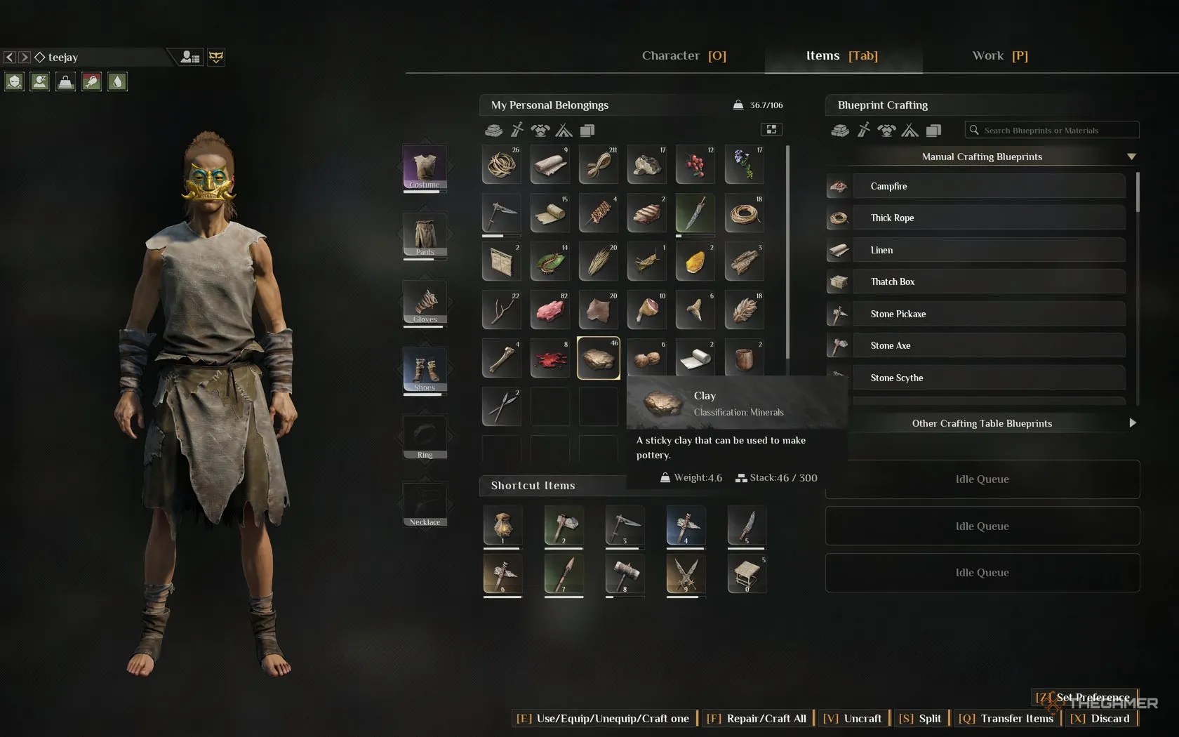 A player’s inventory in Soulmask highlighting clay with its description
