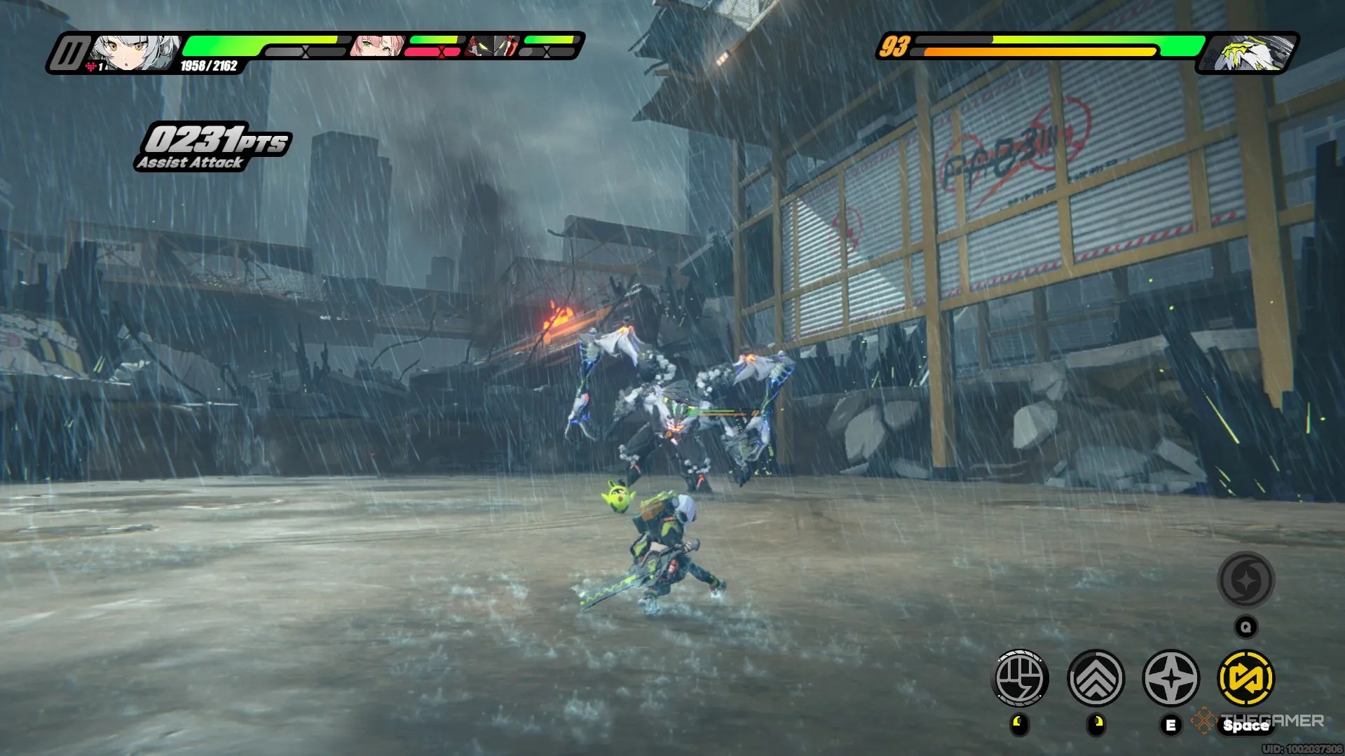 Anby dodging an attack from the Dead End Butcher while fighting in a pit in the rain in Zenless Zone Zero.